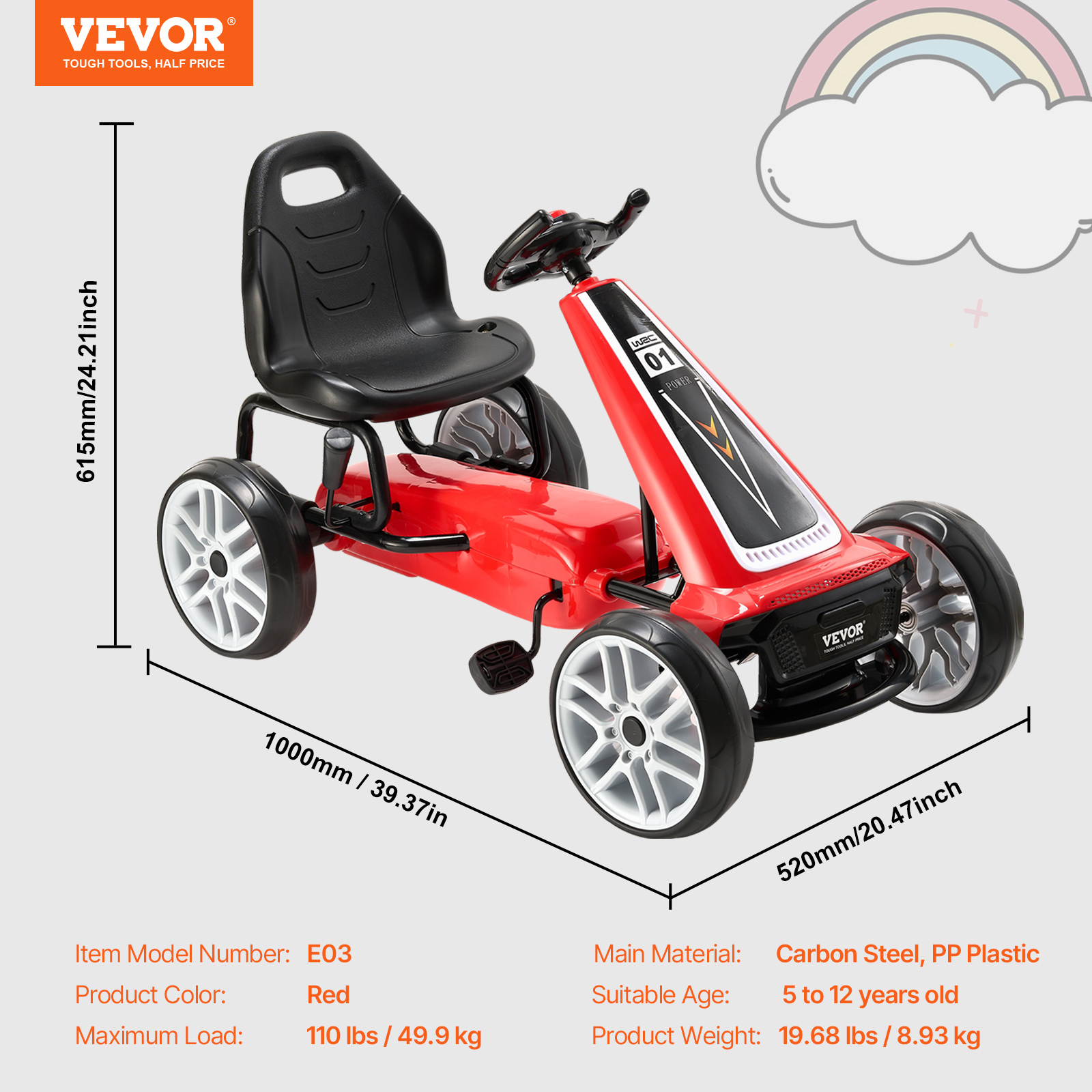 VEVOR Go Kart 4 Wheel Pedal Ride On Toy for Kids Adjustable Seat Ages 3-12 Red - Imagen 9 de 26