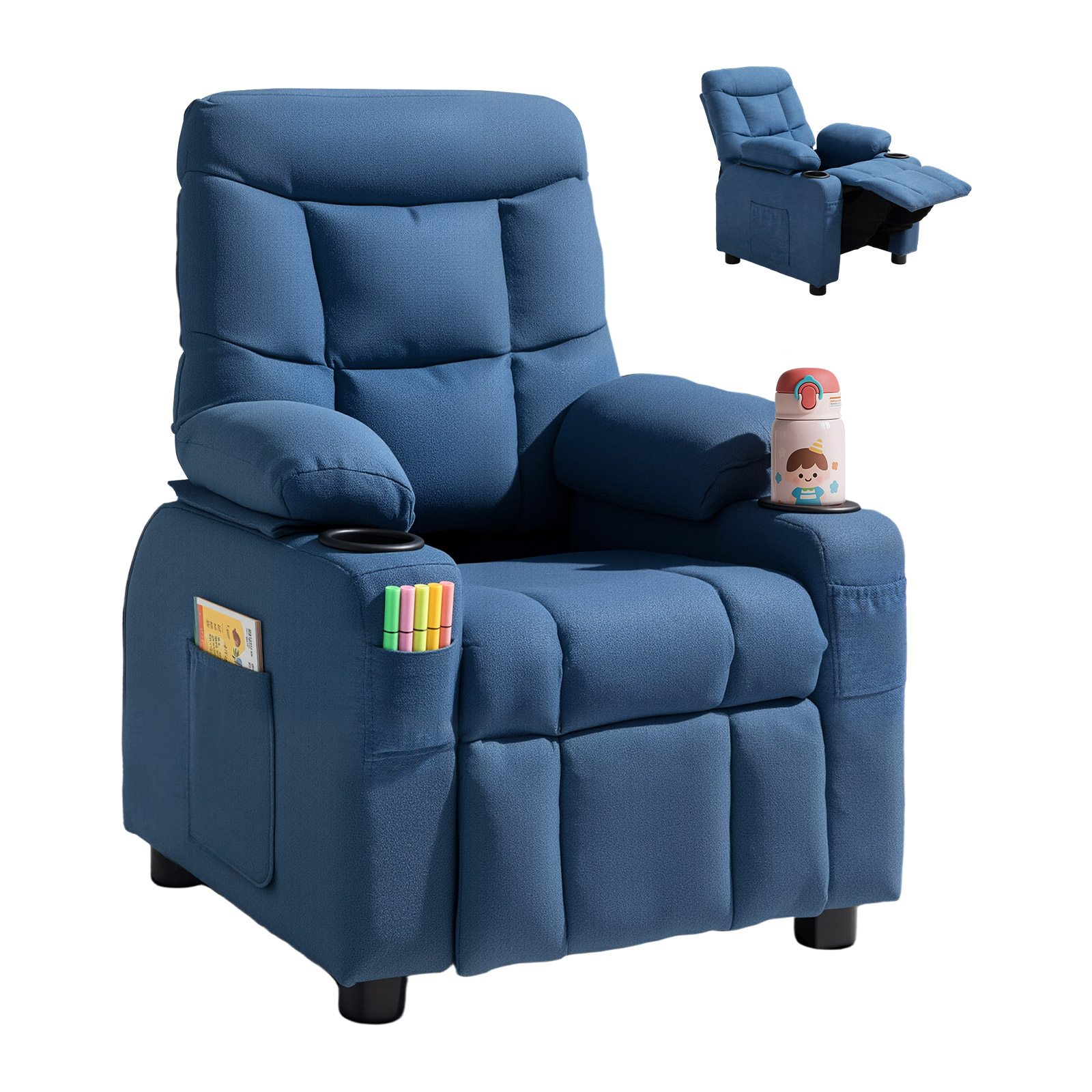 Kids Reclining Chair PU Leather Sofa Toddler Recliner with Cup Holder & Pocket