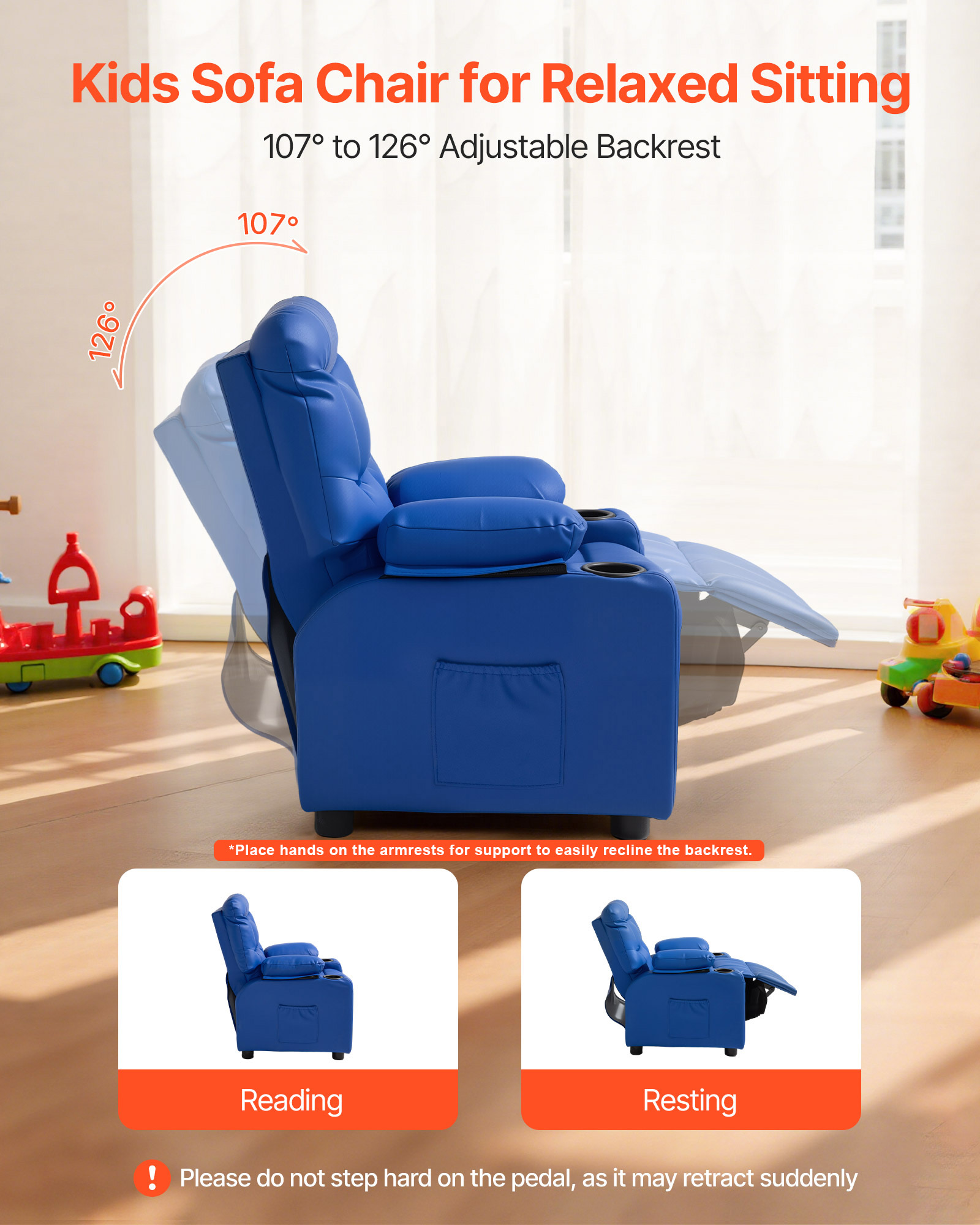 Kids Reclining Chair PU Leather Sofa Toddler Recliner with Cup Holder & Pocket