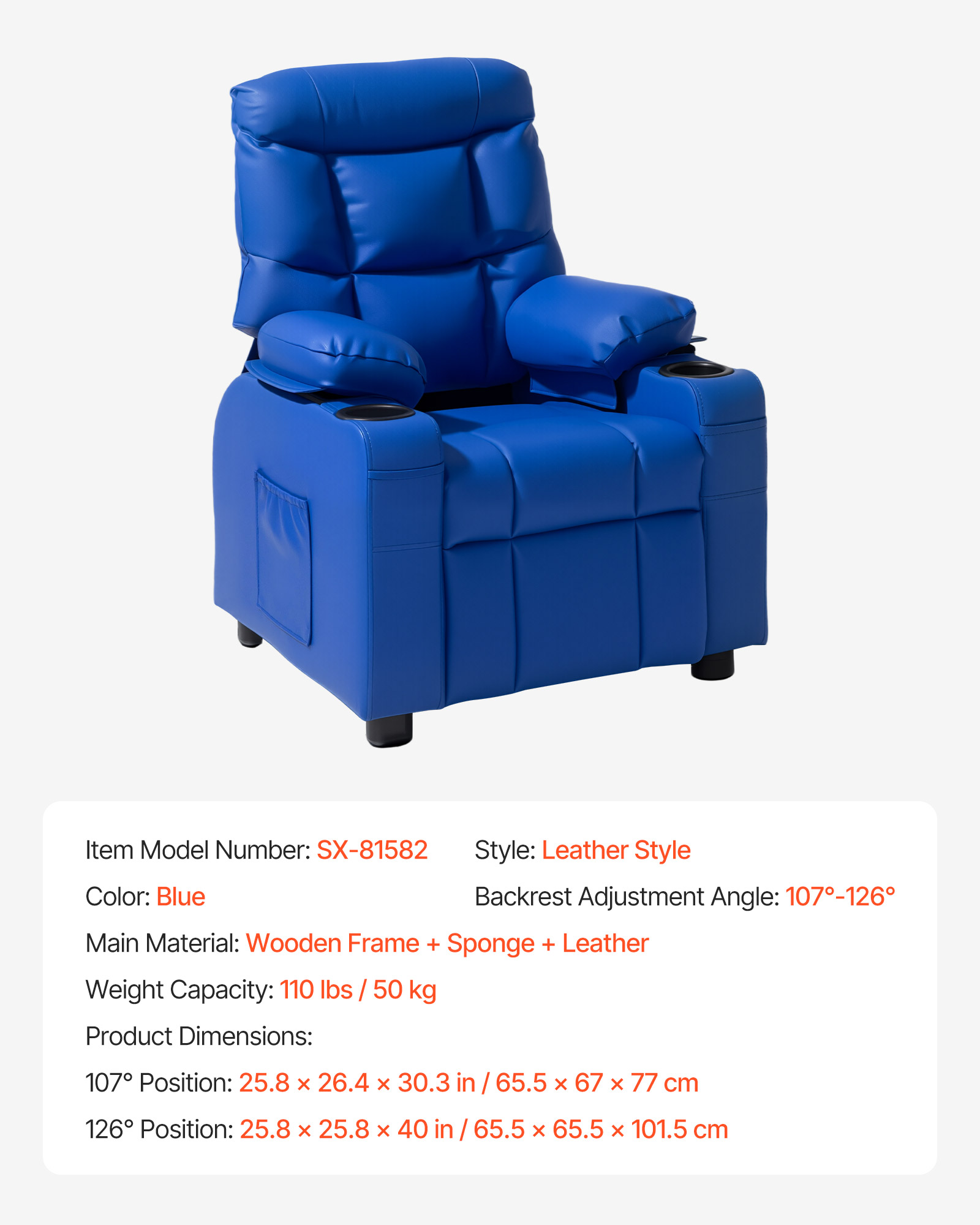 Kids Reclining Chair PU Leather Sofa Toddler Recliner with Cup Holder & Pocket