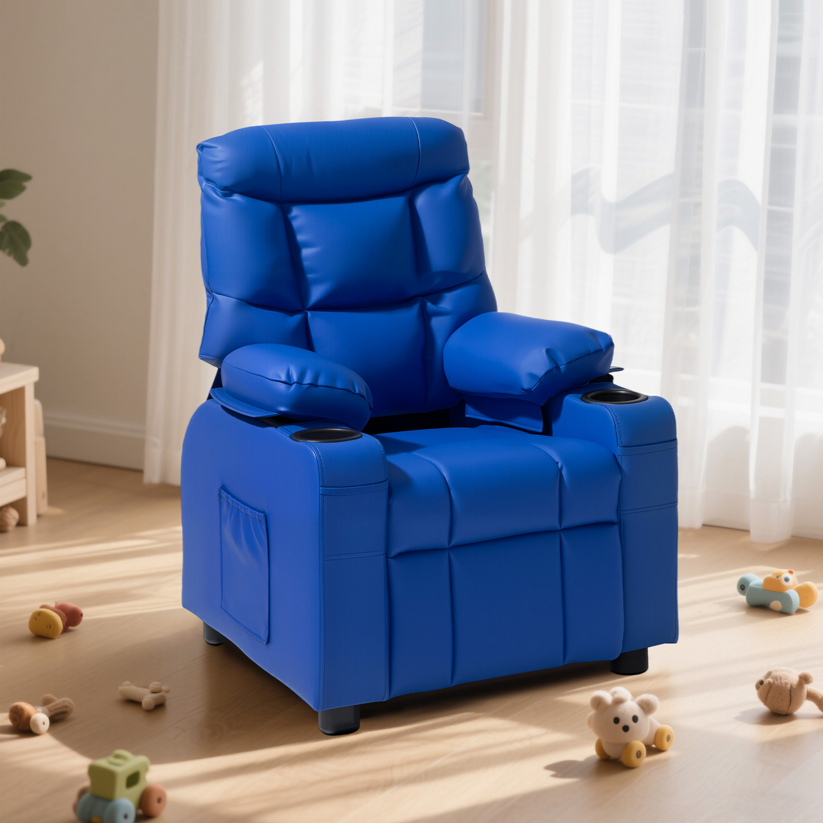 Kids Reclining Chair PU Leather Sofa Toddler Recliner with Cup Holder & Pocket