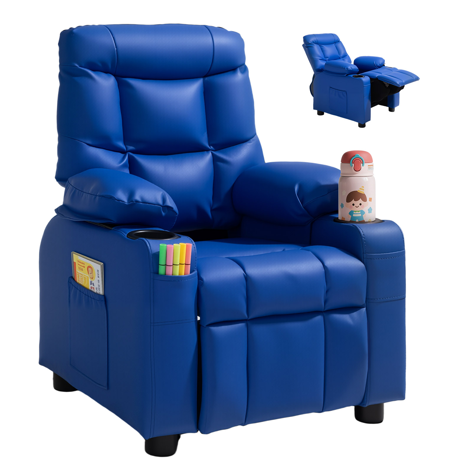 Kids Reclining Chair PU Leather Sofa Toddler Recliner with Cup Holder & Pocket