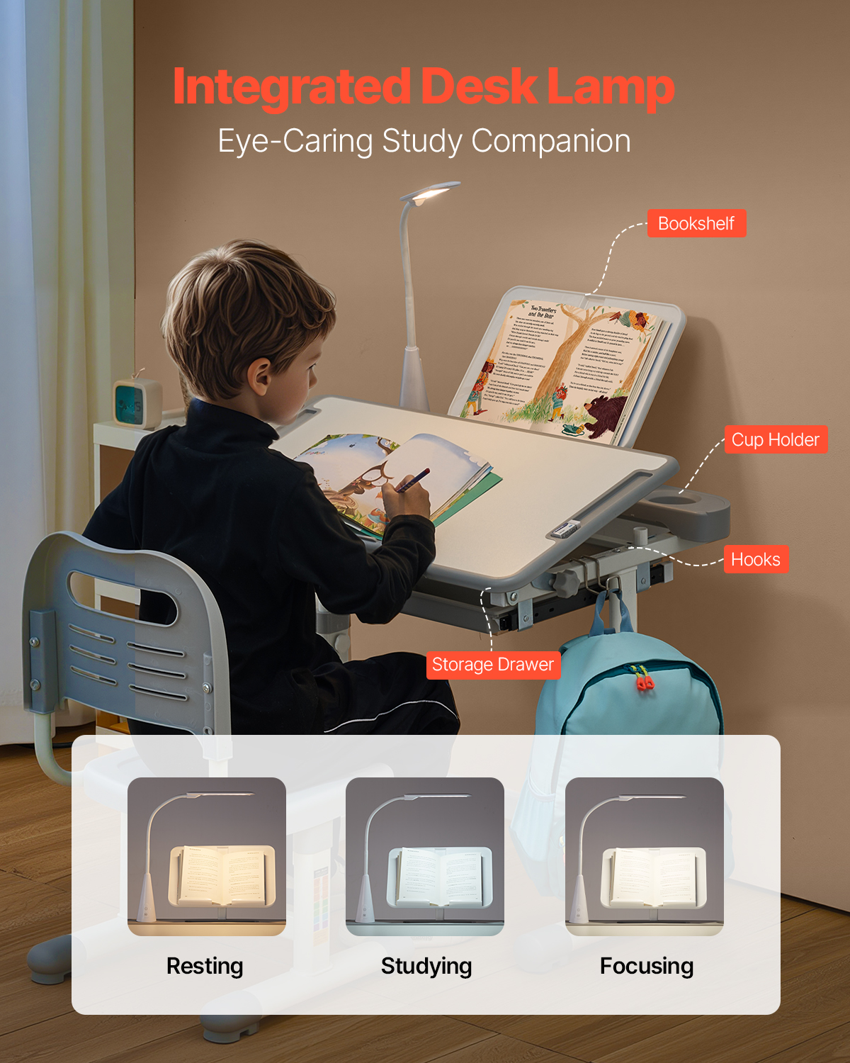 Uimoso Kids Chair and Desk Set with Table Lamp, Adjustable Height