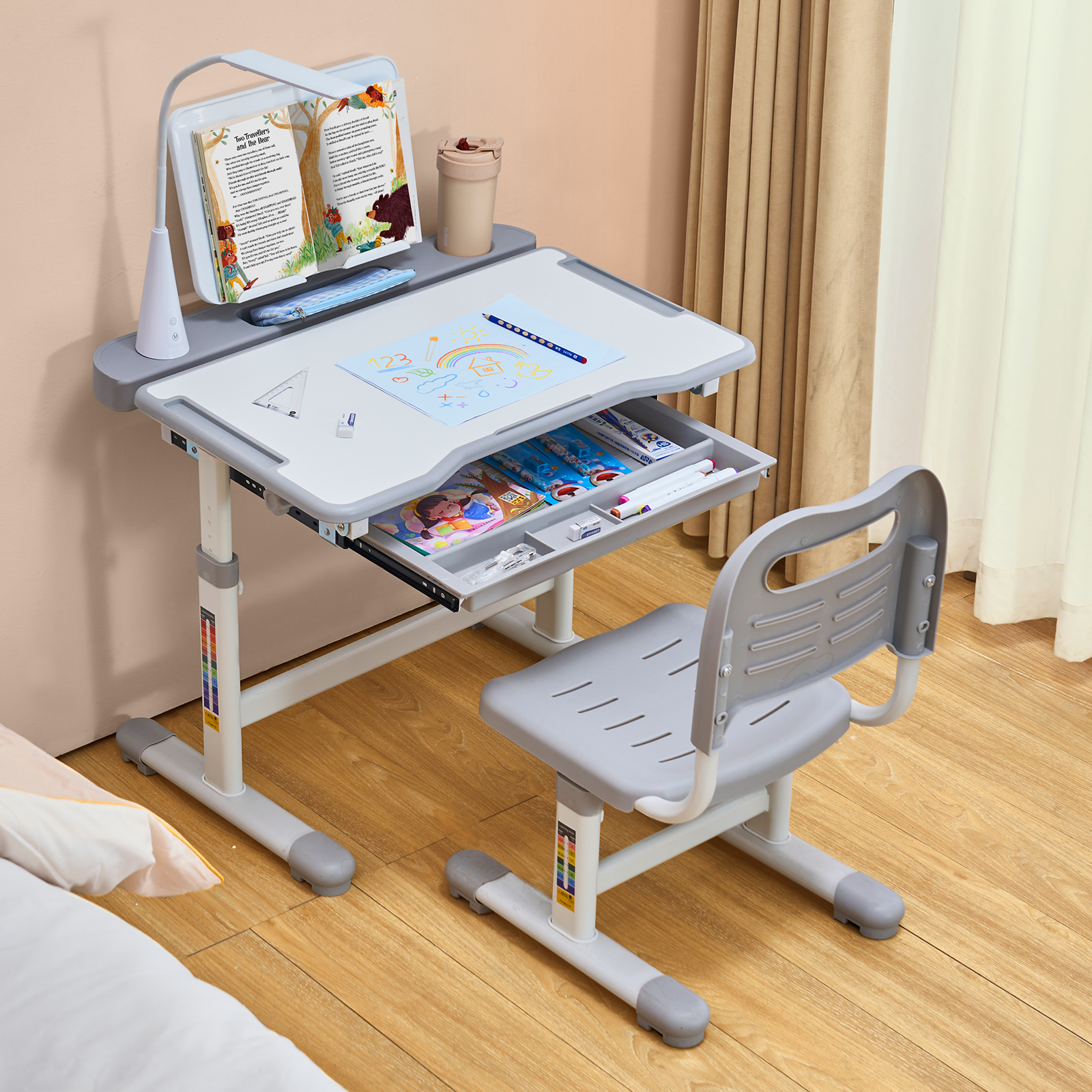 Uimoso Kids Chair and Desk Set with Table Lamp, Adjustable Height