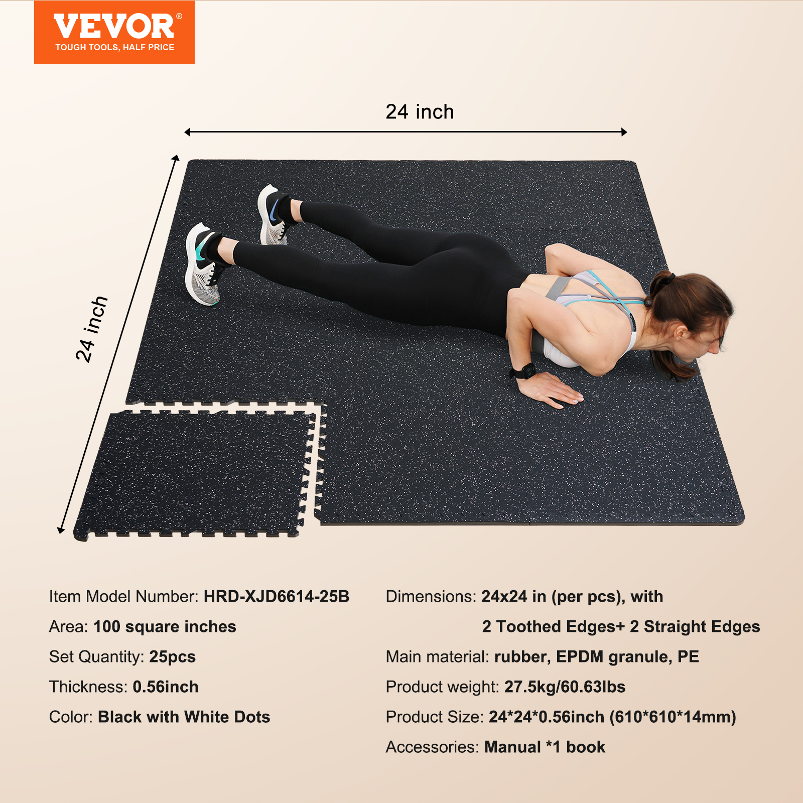 VEVOR Interlocking Floor Mats 24" Fitness Flooring Tiles 6/12/25 PCS 1/2" Thick