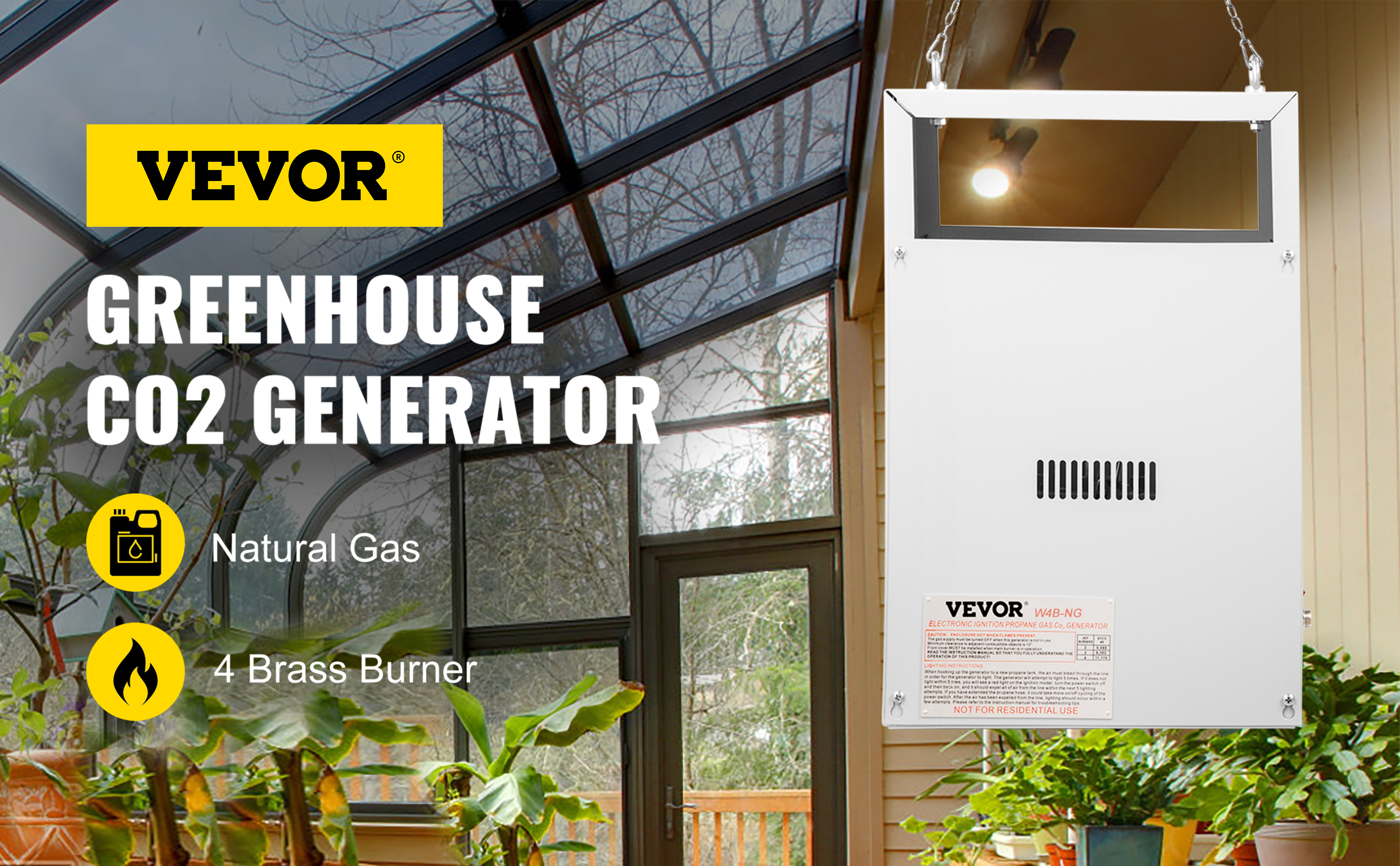 VEVOR CO2 Burner, 4 Brass Burner CO2 Generator for Plant, Natural Gas NG Carbon Dioxide Generator Burner, 12540 BTU/Hr, Built-In Electronic Ignition, for Greenhouse Green Tent Hydroponic Grow Room