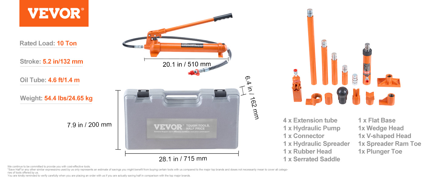 VEVOR 10 Ton Hydraulic Jack Air Pump Lift Ram Body Frame Porta