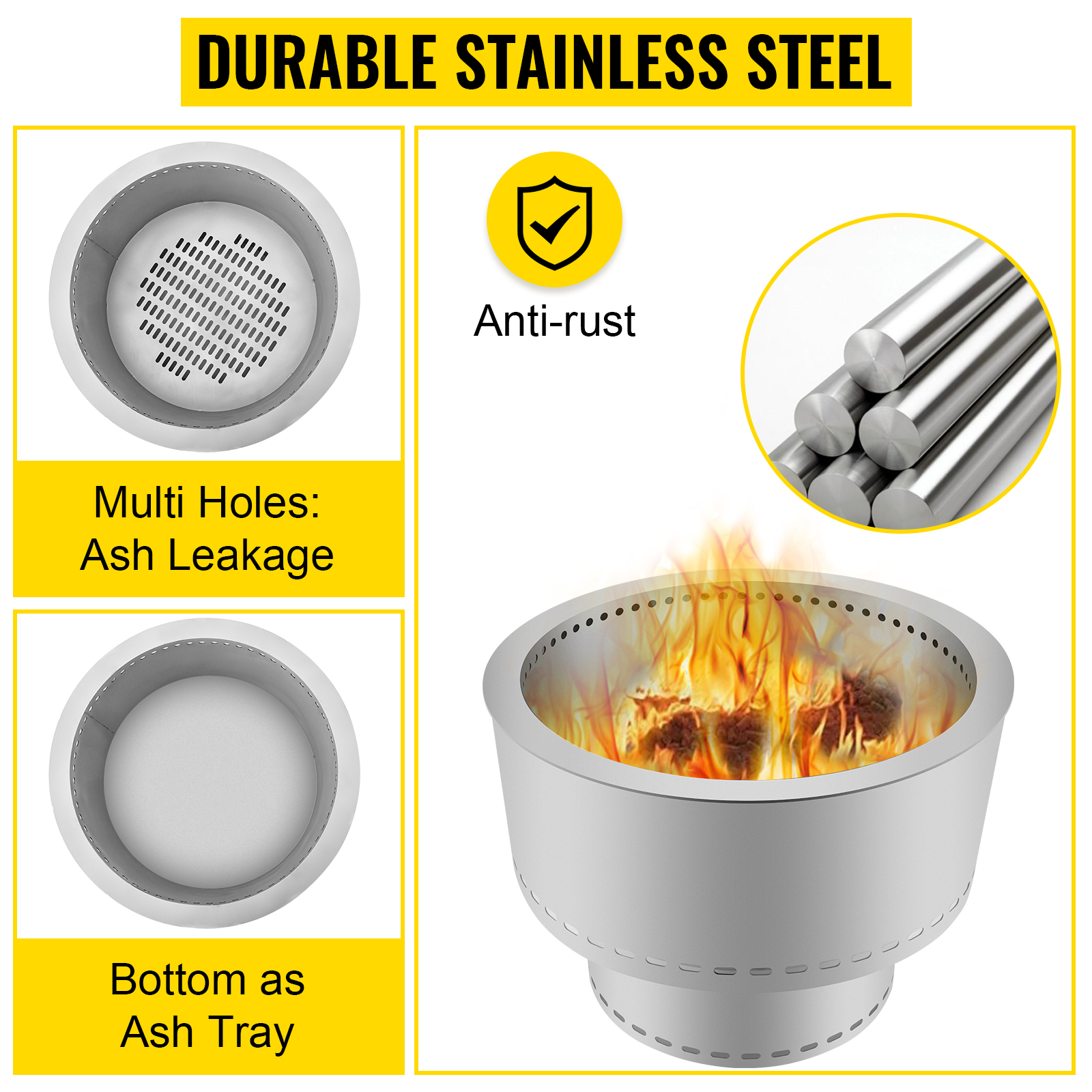 VEVOR Smokeless Fire Pit, Stainless Steel Stove Bonfire, Large 13.5