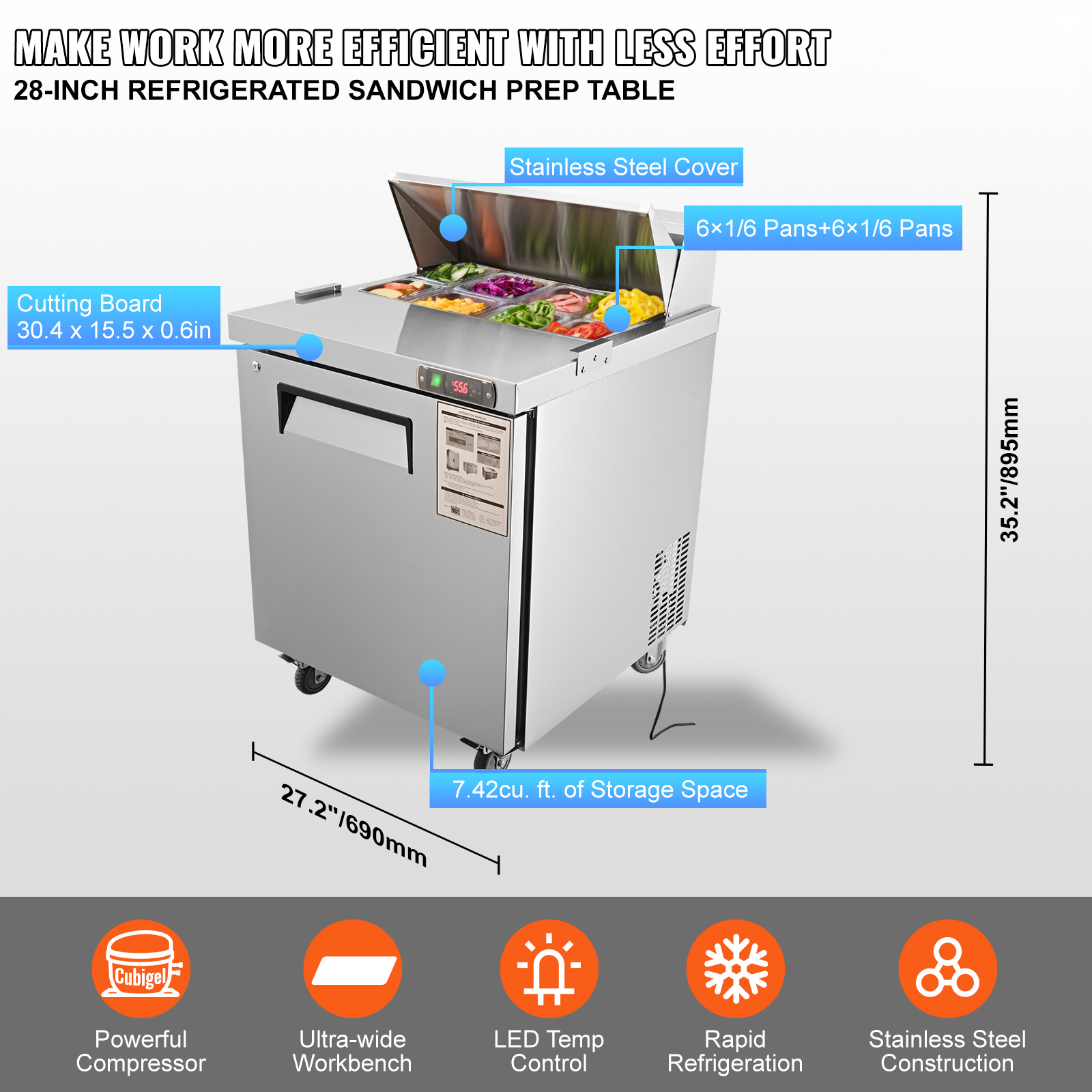 Uimoso 28/48/60/72" Refrigeration Sandwich Salad Prep Table Undercounter Worktop - Picture 9 of 145