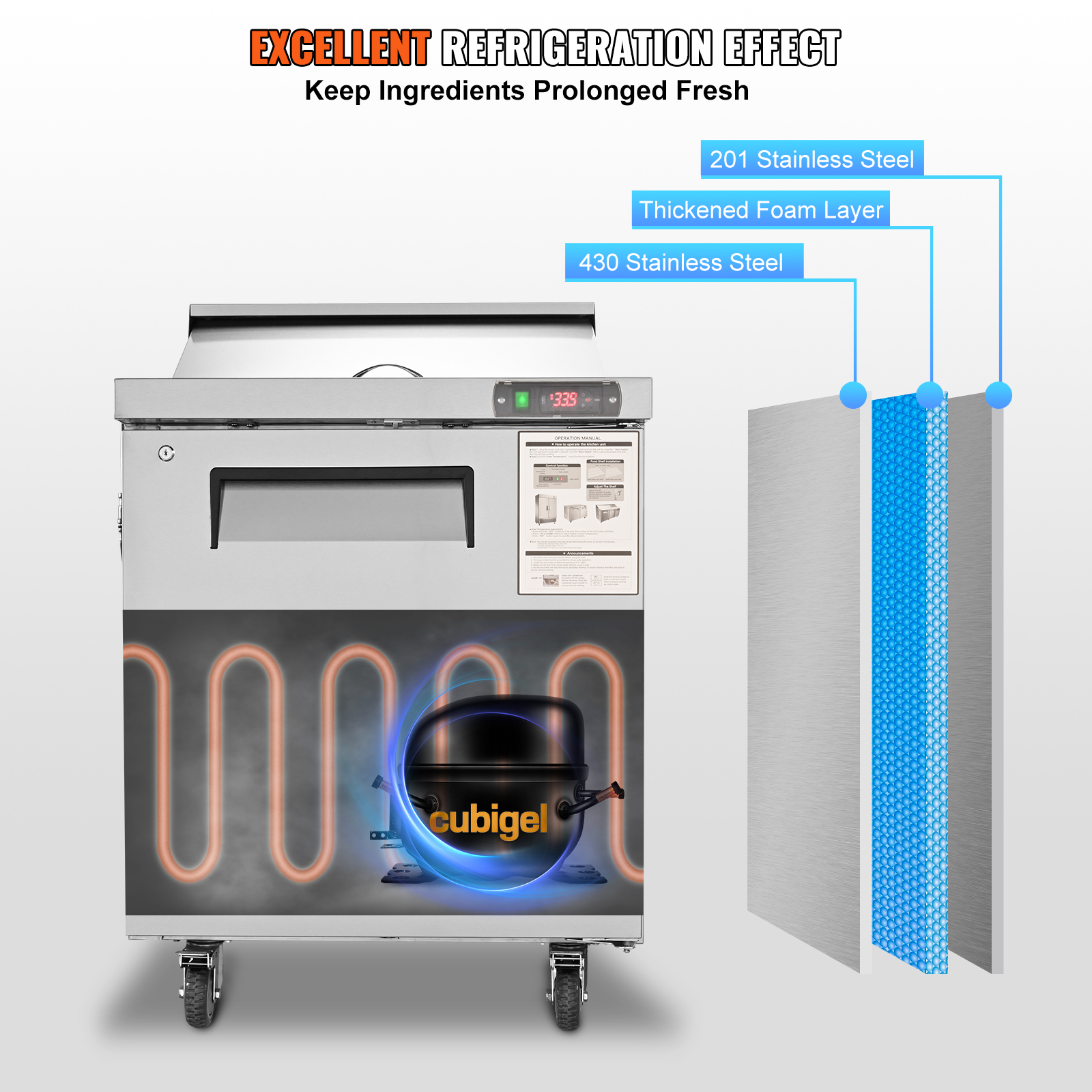 Uimoso 28/48/60/72" Refrigeration Sandwich Salad Prep Table Undercounter Worktop - Picture 11 of 145