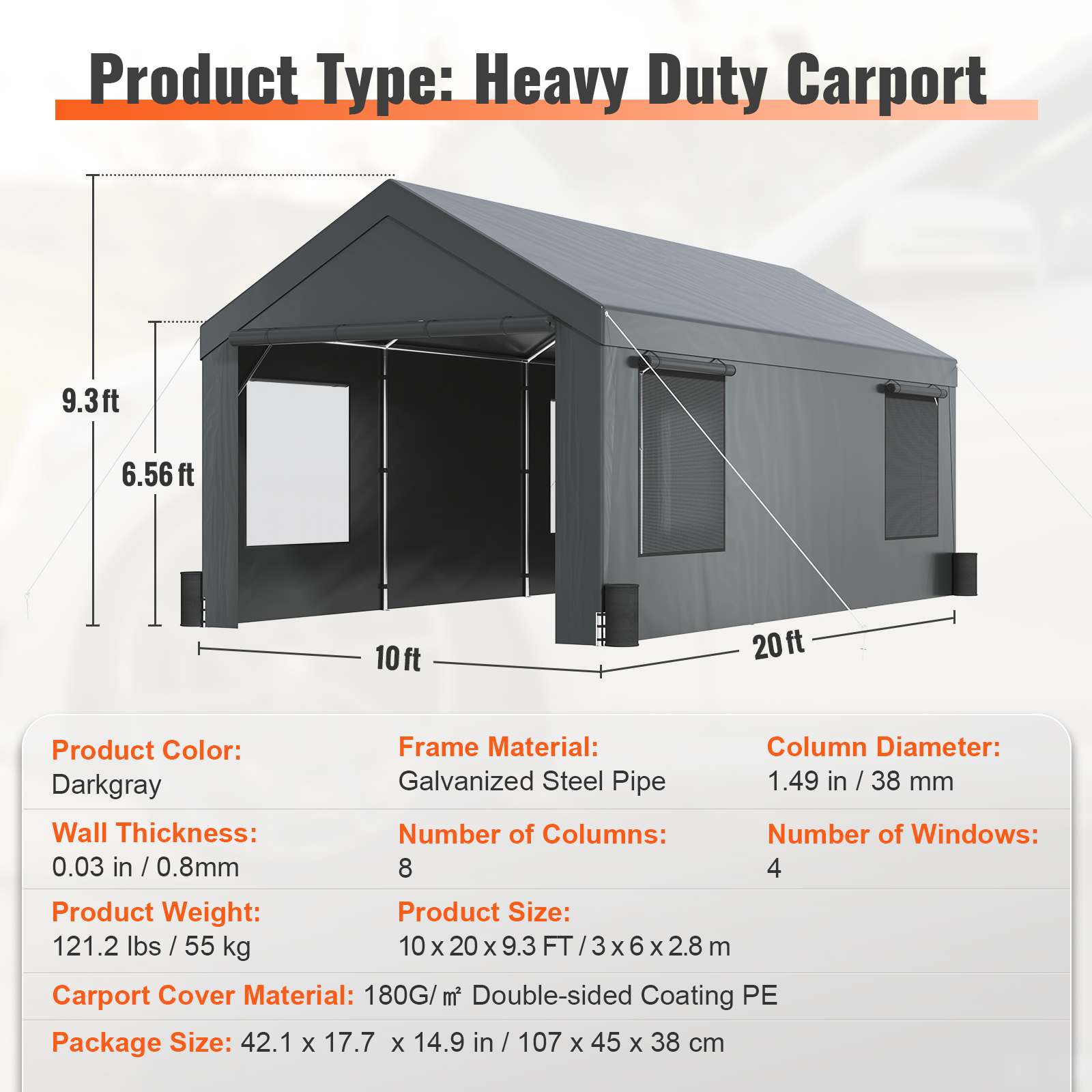 Carport Car Canopy Garage Shelter Tent 10/12x20FT 8 Legs Sidewalls&Windows - Picture 8 of 67