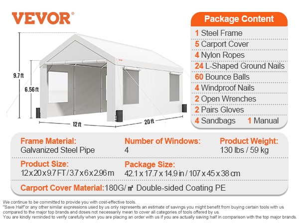 Carport Canopy,12 x 20 ft,White