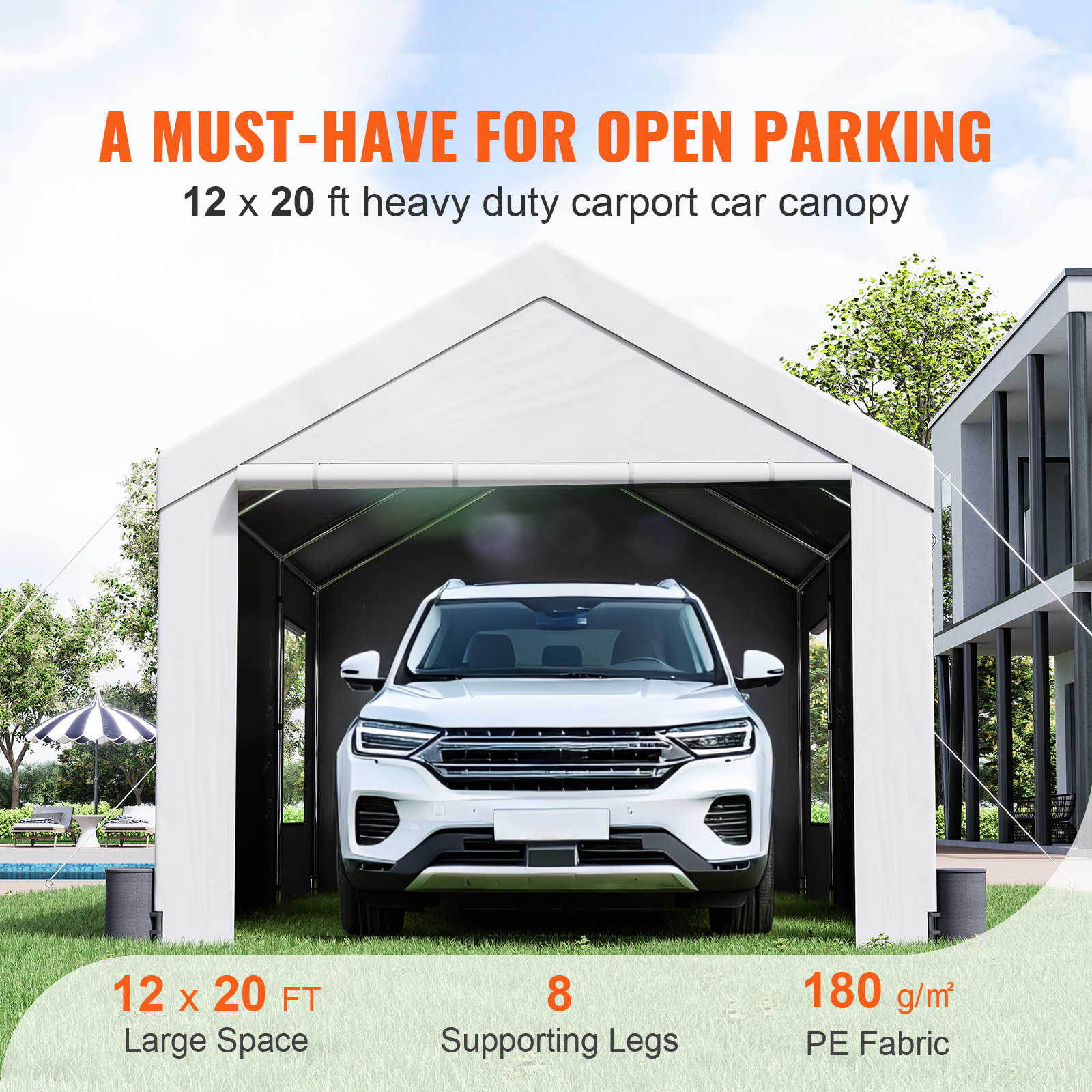 Carport Car Canopy Garage Shelter Tent 10/12x20FT 8 Legs Sidewalls&Windows - Picture 14 of 67
