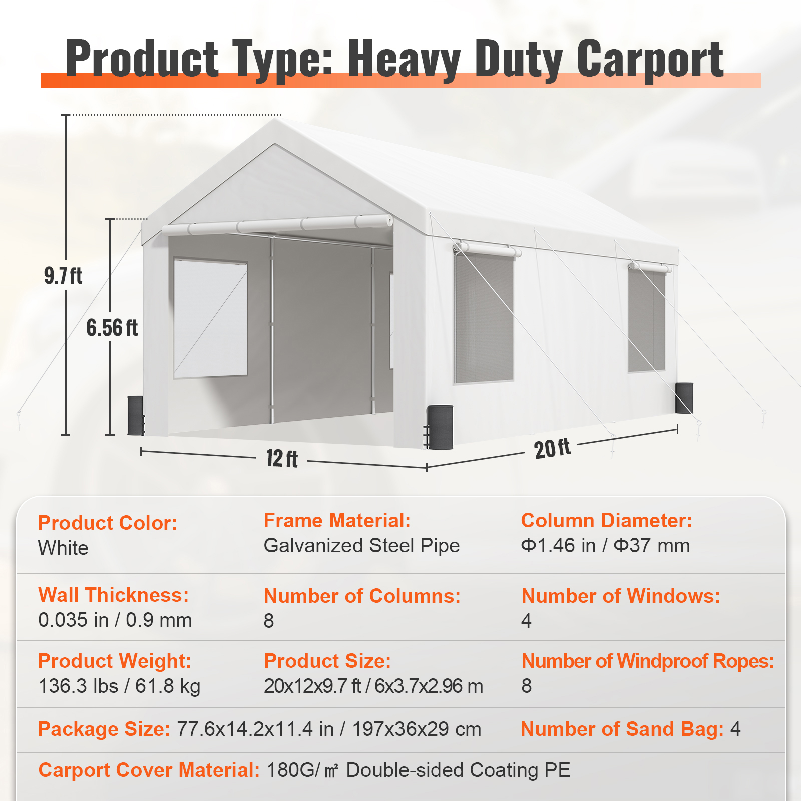 Carport Car Canopy Garage Shelter Tent 10/12x20FT 8 Legs Sidewalls&Windows - Picture 19 of 67