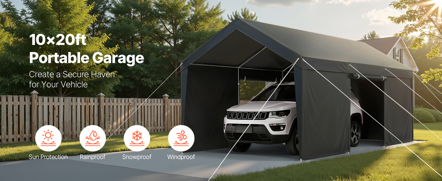 VEVOR Carport Vervangende luifelhoes, 4,0 x 6,1 m, garagetop, tentzeil, zwaar belastbaar, waterdicht en UV-beschermd, eenvoudige installatie met kogelbungees, grijs (alleen bovenhoes, frame niet