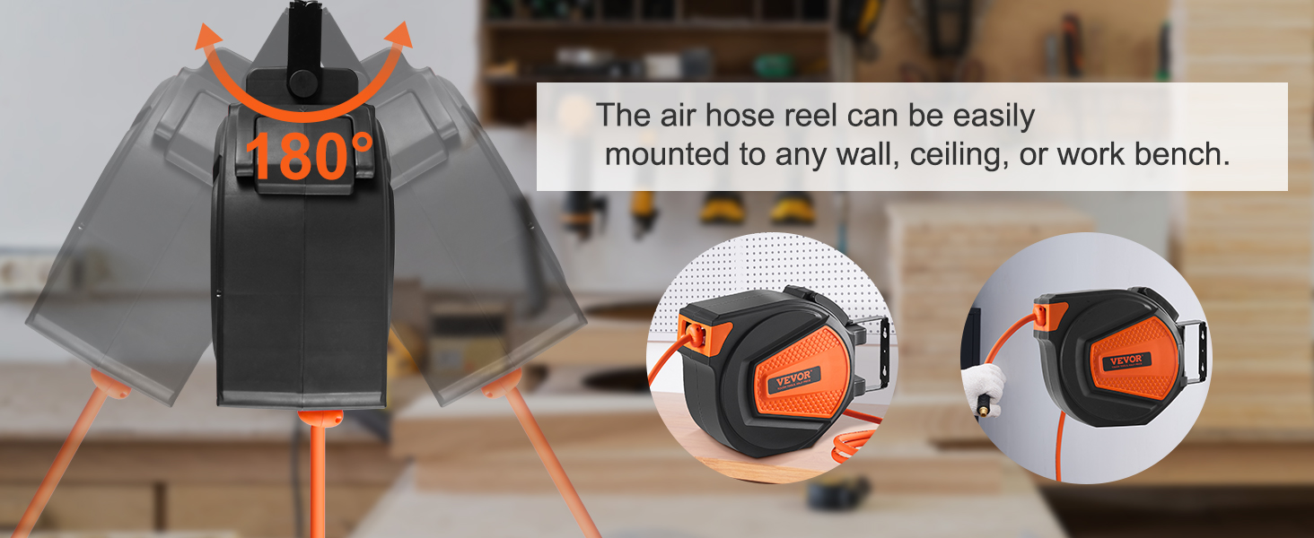 VEVOR Retractable Air Hose Reel, 3/8 IN x 50 FT Hybrid Air Hose Max 300PSI, Air  Compressor Hose Reel with 5 ft Lead in, Ceiling / Wall Mount Enclosed Air  Reel, 180° Swivel Mount