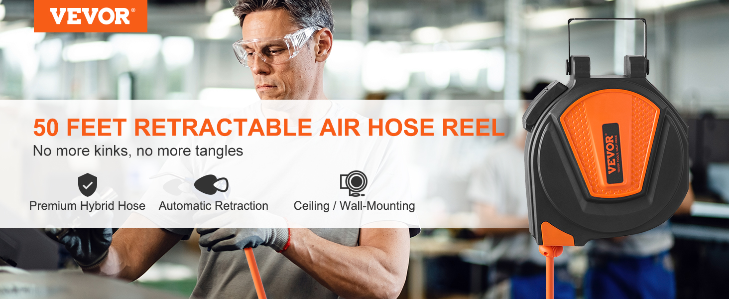 VEVOR Retractable Air Hose Reel, 3/8 IN x 50 FT Hybrid Air Hose