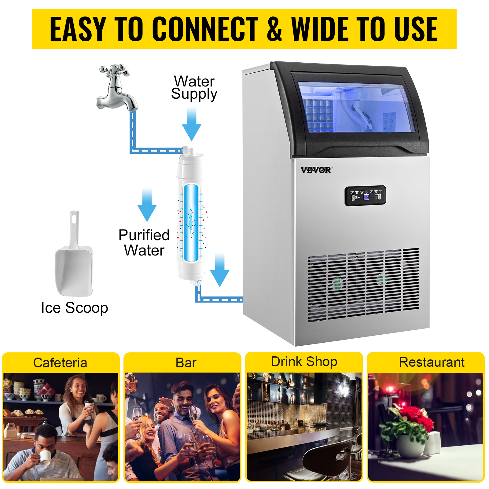 Bonnlo Máquina de hielo comercial independiente de 110 libras/24 horas,  contenedor de almacenamiento de 24 libras, máquina de hielo para  restaurante