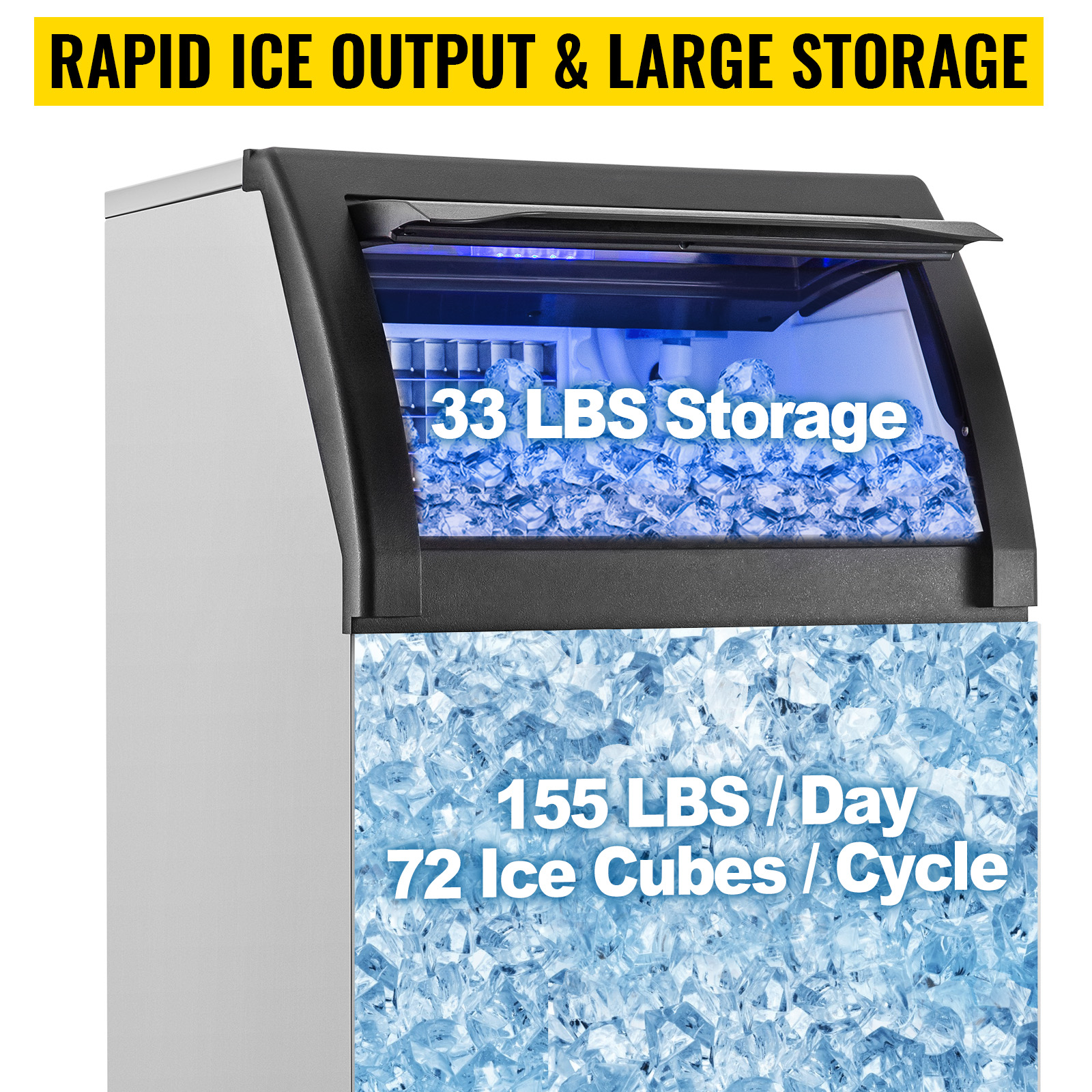 VEVOR Máquina para hacer hielo comercial VEVOR de 110 V, 155 libras/24  horas, máquina de hielo de acero inoxidable de 530 W con capacidad de  almacenamiento de 33 libras, 72 cubitos de