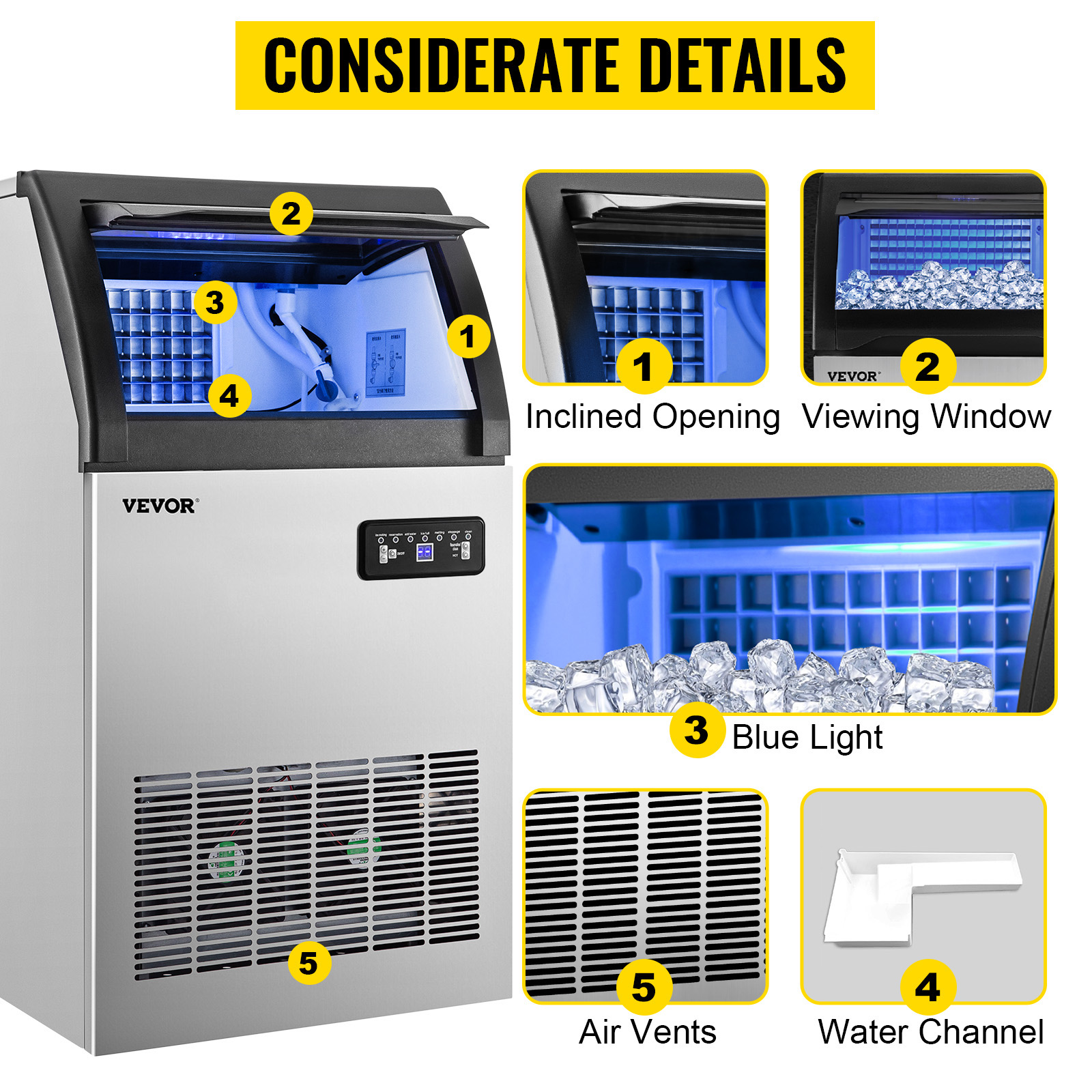 VEVOR 110V Countertop Ice Maker 70LB/24H, 350W Automatic Portable Ice  Machine with 11LB Storage, 36Pcs per Tray, Auto Operation, Blue Light,  Include Water Filter, Drain Pipe, Scoop