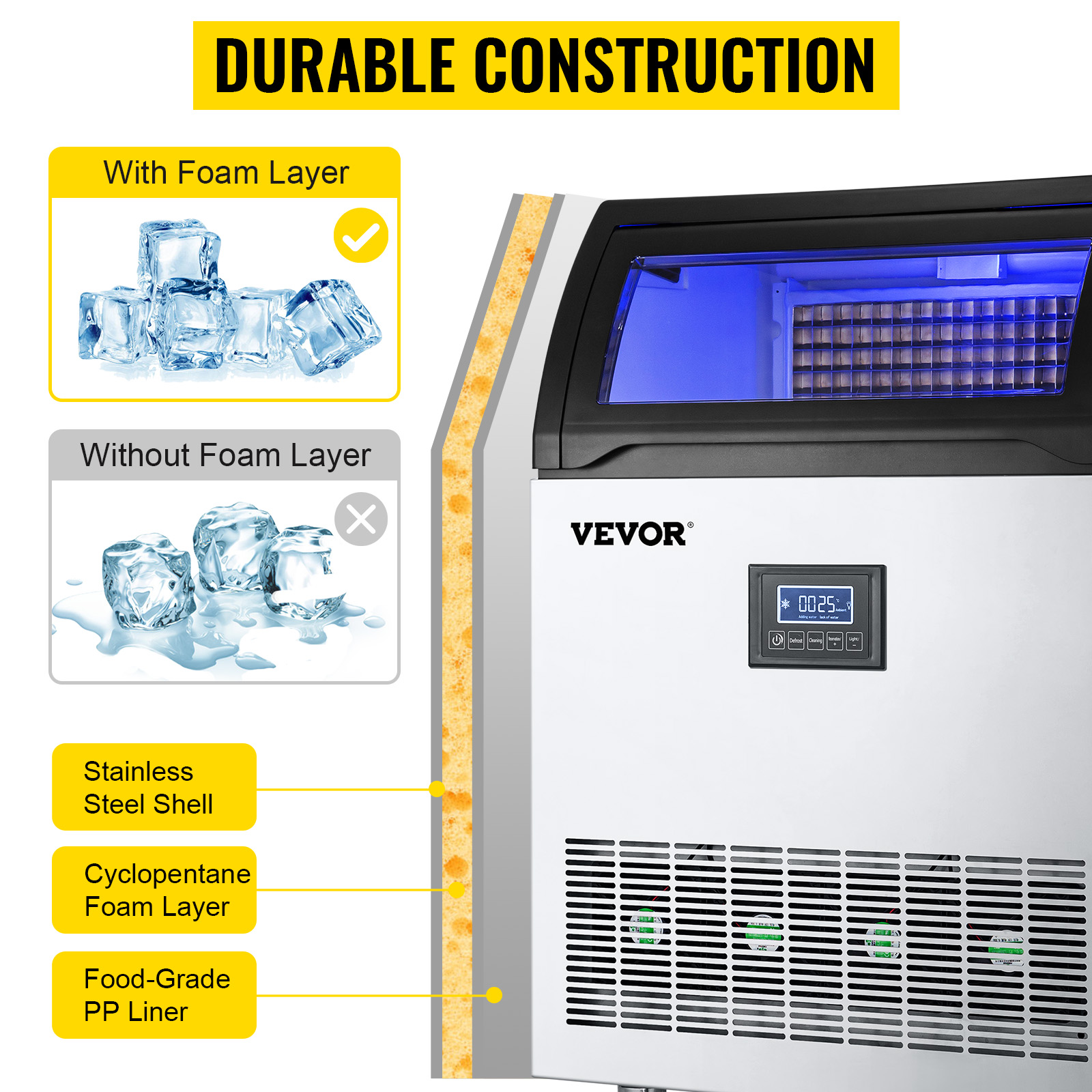 VEVOR 110V Commercial ice Maker Machine 155LBS/24H with 39LBS Bin and  Electric Water Drain Pump, Stainless Steel Ice Machine, Auto Operation,  Include Water Filter 2 Scoops and Connection Hose