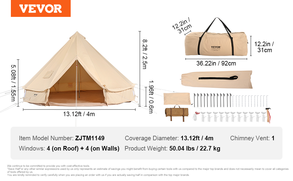 VEVOR Canvas Bell Tent 4 Seasons 4 m 13.12 ft Yurt Tent Canvas Tent for Camping with Stove Jack Breathable Tent Holds up to 6 People Family