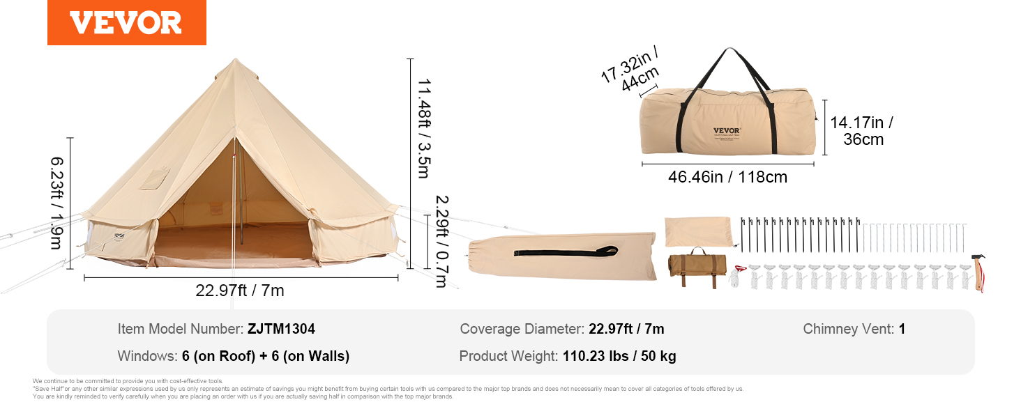 VEVOR canvas glamping tent with 22.97ft diameter, 12 windows, chimney vent, and storage bag.