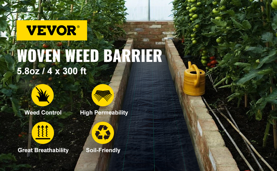 VEVOR Weed Barrier Fabric, Heavy Duty 4x100ft 5.8oz Woven Landscape Fabric, Garden Fabric Weed Barrier, Weed Control Fabric Ground Cover, Geotextile