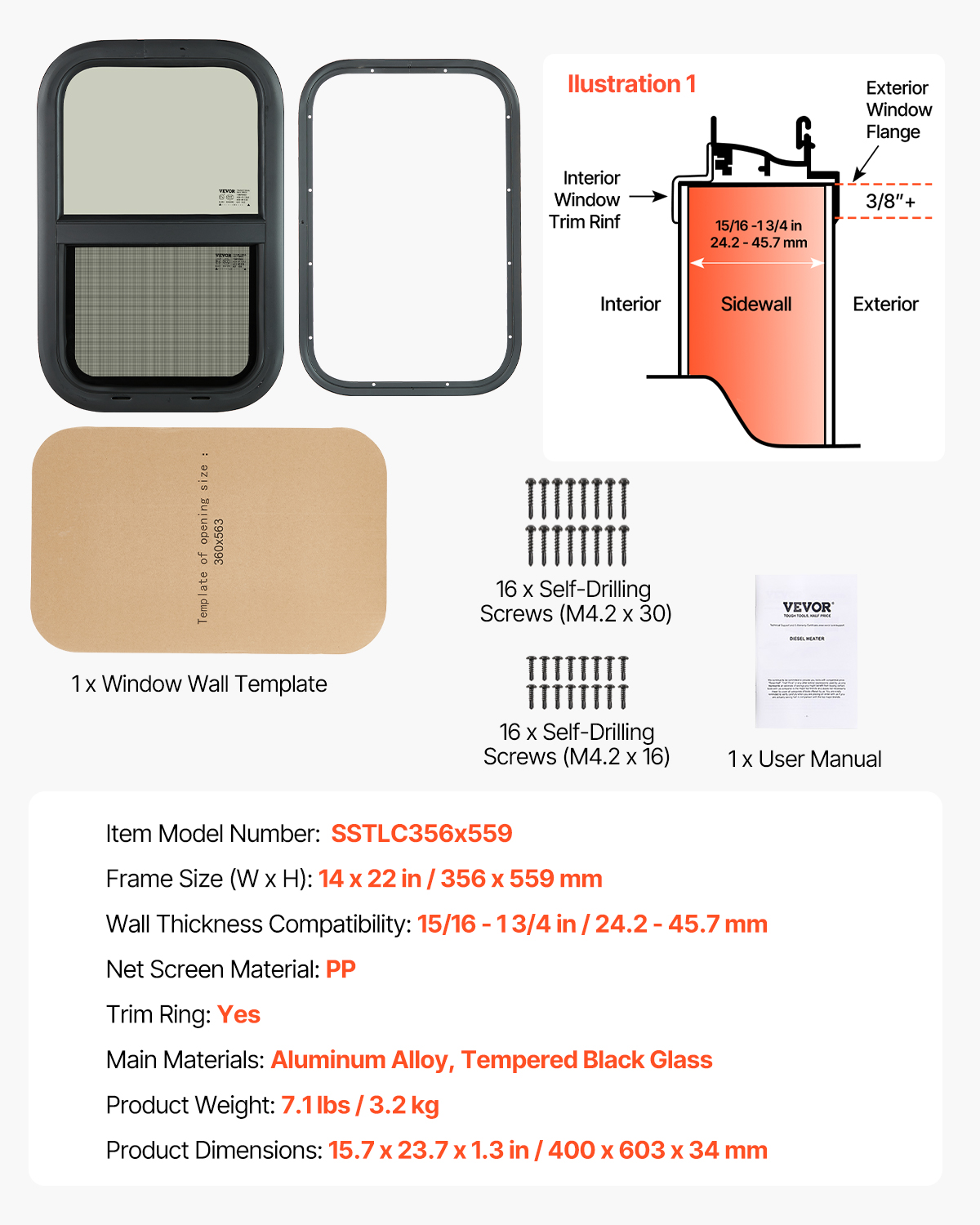 Exit/Vertical RV Window 14x16-36x22in Emergency Push Out Window W ...