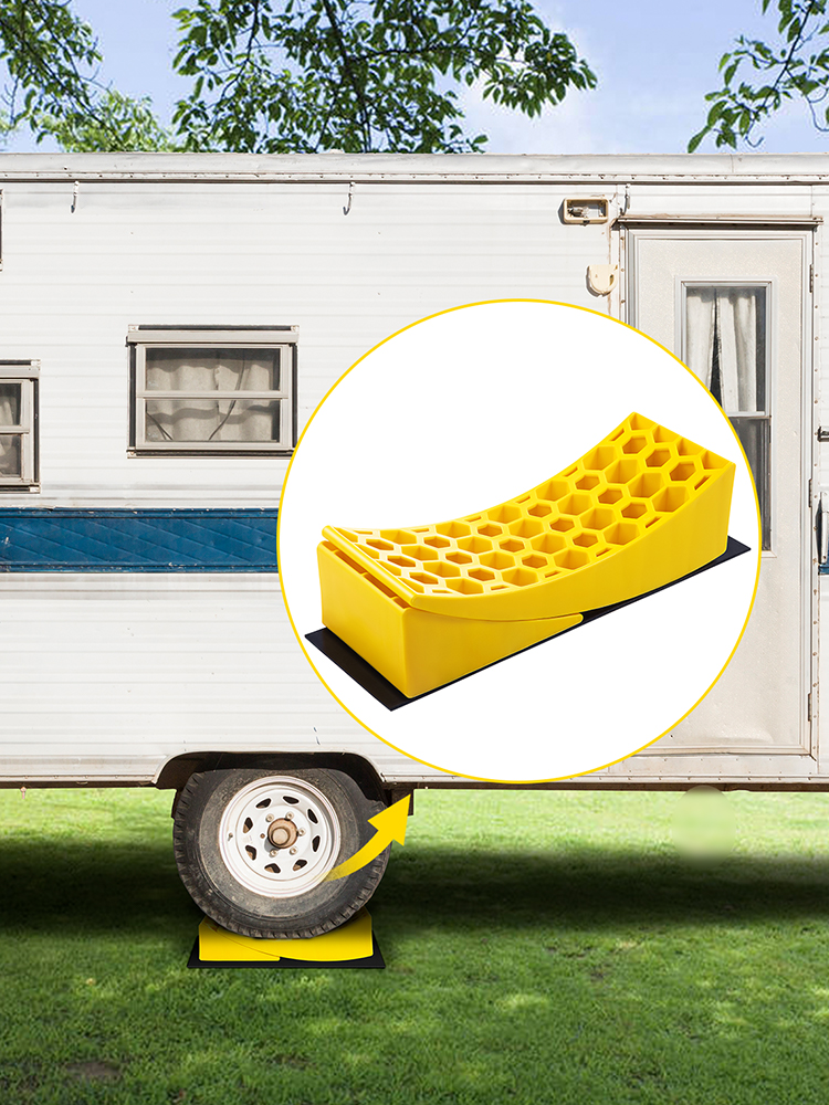 LUOFUR Heavy Duty RV Leveling Blocks- Dual Axle Camper Leveler Set Include 2 Curved Levelers 2 Chocks & 2 Rubber Grip Mats for Travel Trailer,Car Camper Truck（2 Pack，Yellow） 