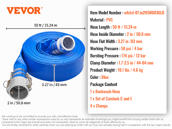 Manguera de agua de bomba - Manguera de descarga de drenaje de PVC azul -  Accesorios Camlock 2 x 100