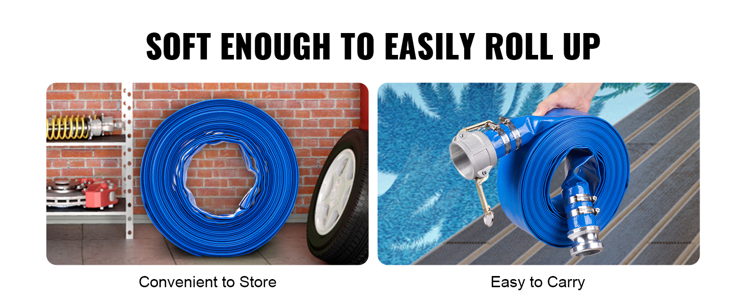 VEVOR VEVOR Backwash Hose, 2 in x 50 ft, Heavy-Duty PVC Flat Pool Discharge  Hose with Aluminum Camlock C & E Fittings, Clamps, Compatible with Pumps,  Sand Filters, for Swimming Pools Waste