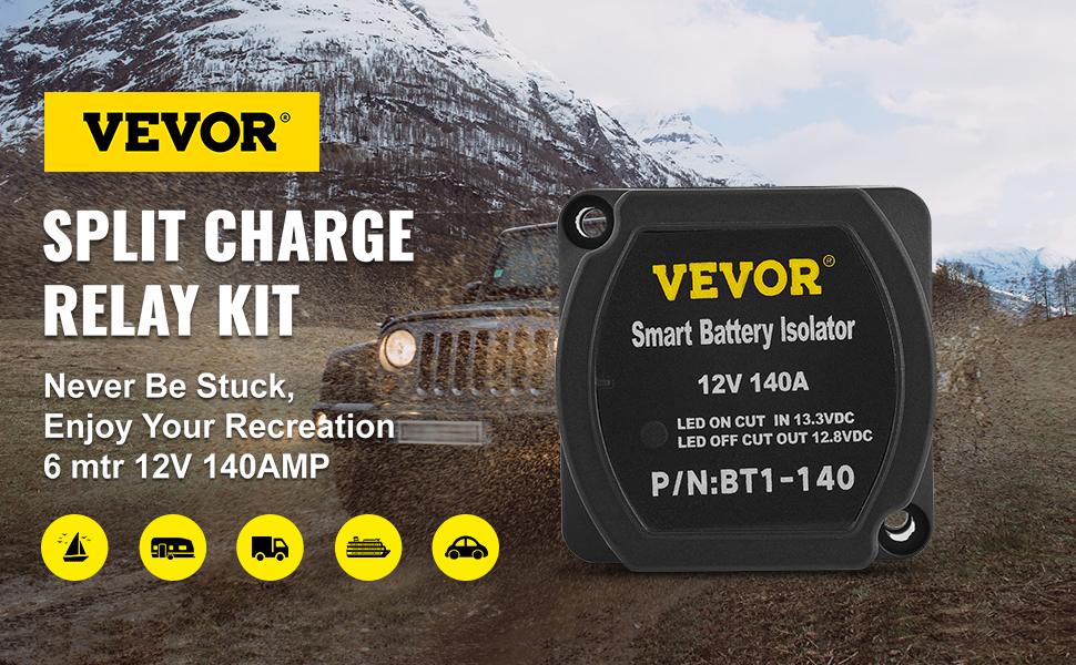 VEVOR Split Charge Relay Kit, 6mtr 12V, Automatic Dual Battery Isolator Kit  with 140AMP Voltage Sense