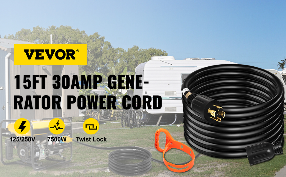 VEVOR 15Ft 30 Amp Generator Extension Cord 4 Wire 10 Gauge Generator