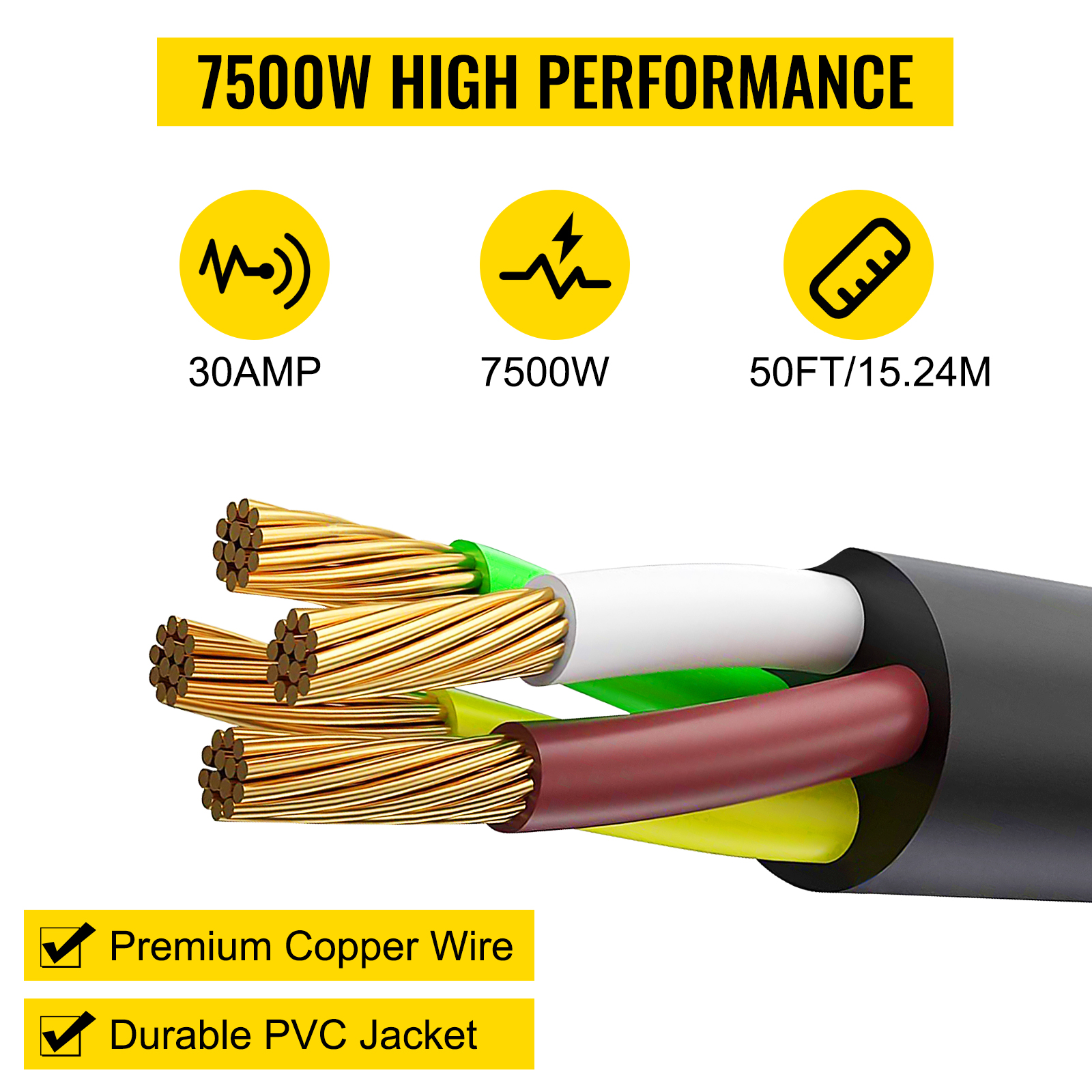 VEVOR 50ft Generator Extension Cord - 30 Amp 250V 8AWG Heavy Duty Power Cable With Storage Bag