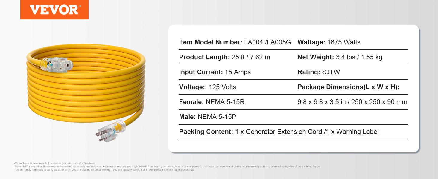 VEVOR 15Amp Generator Extension Cord, 25 Feet, 125V 1875W Heavy Duty