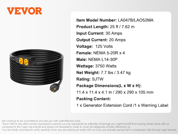 VEVOR 30-Amp Generator Extension Cord, 25 Feet, 125V 3750W Heavy Duty Generator Outdoor Power Cord, NEMA L14-30P / Four NEMA 5-20R STJW Flexible Power Cable with Twist Lock Connectors, for Generators