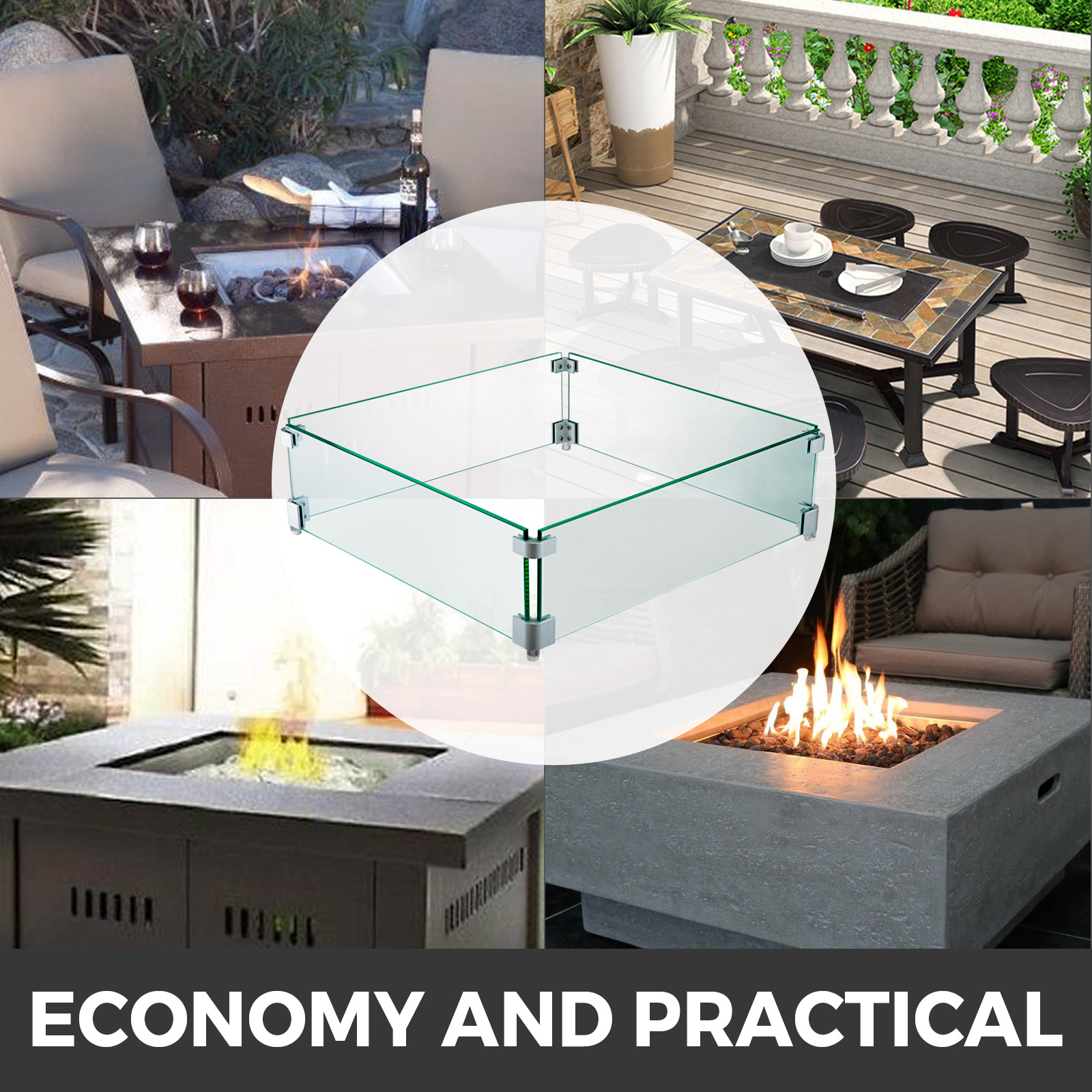 VEVOR Fire Pit Wind Guard 21 x 21 x 6 Inch Glass Flame Guard, Rectangle 5/16 Inch Thickness Glass Wind Guard Fence with Non-Slip Feet Clear Tempered Glass, for Propane, Gas, Fire Pits Pan/Table