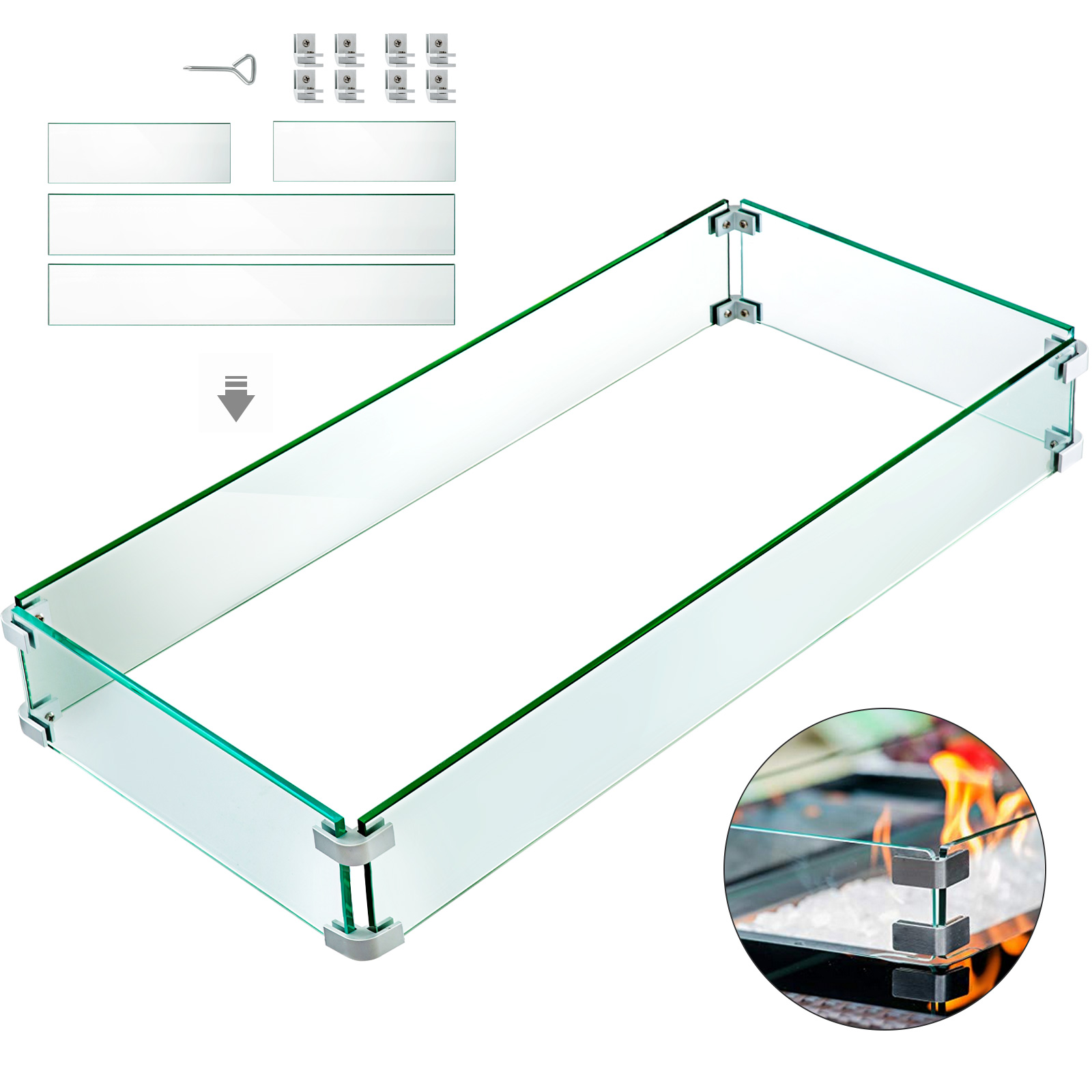 VEVOR Outdoor Fire Pit Wind Guard, 41.8" x 18" x 6" Glass Flame Guard, Rectangle Fire Wind Guard Fence with 6 mm Thickness Clear Tempered Glass, for Propane, Gas, Fire Pits Pan/Table