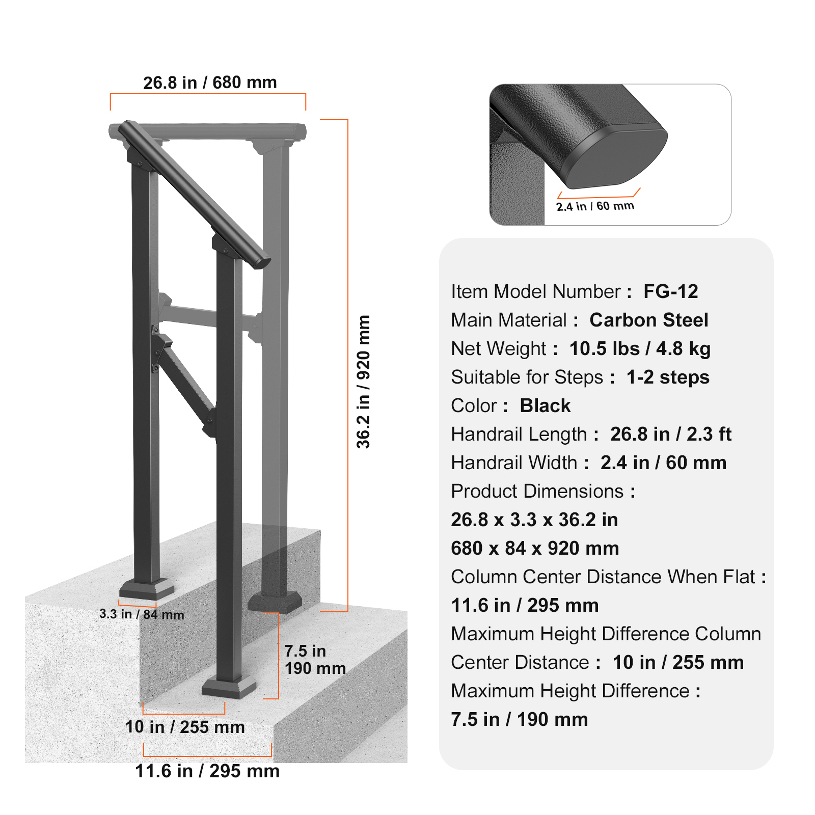 Uimoso 1/3//4/5/6 Step Handrails for Outdoor Porch Deck Stair Railing