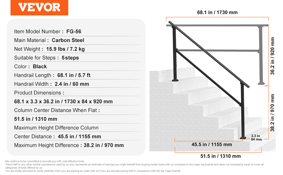 VEVOR 56 Handrails for Outdoor for Seniors Porch Deck Black Square
