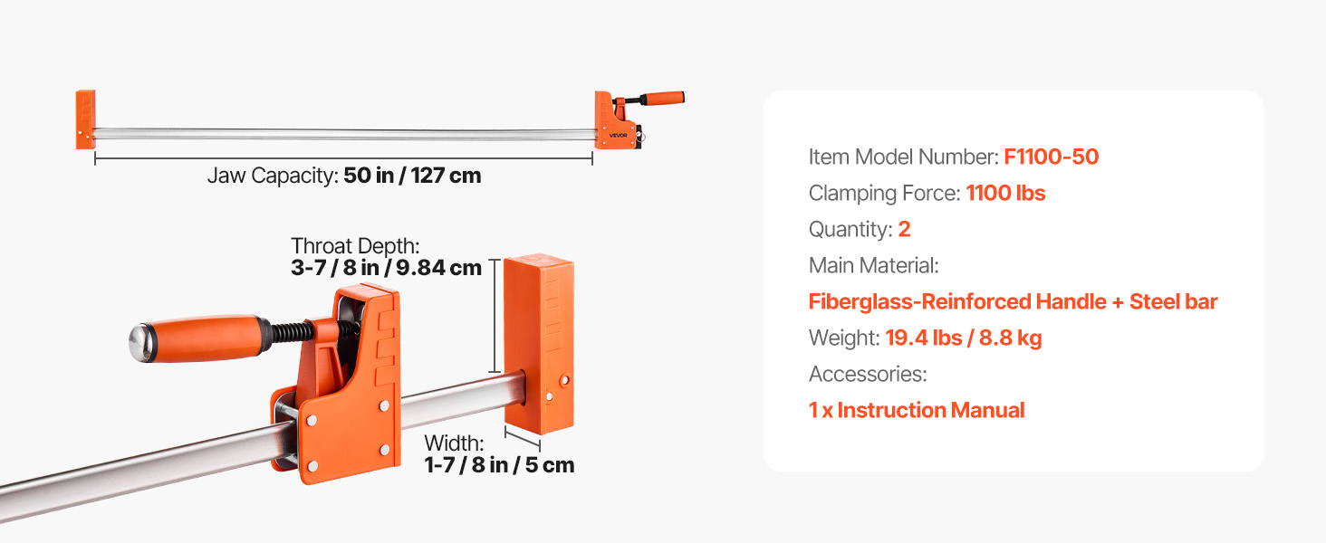 Serre-joints En F VEVOR – Ouverture 60,96 Cm, Charge 272 Kg, En Fonte Et Acier, Pour Menuiserie