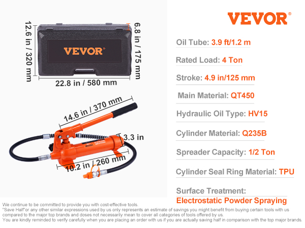 VEVOR VEVOR Porta Power de toneladas/8800 LBS, ariete hidráulico portátil  con manguera de aceite de 3,9 pies/1,2 m, kit de reparación de marco de  carrocería con estuche de almacenamiento para reparación