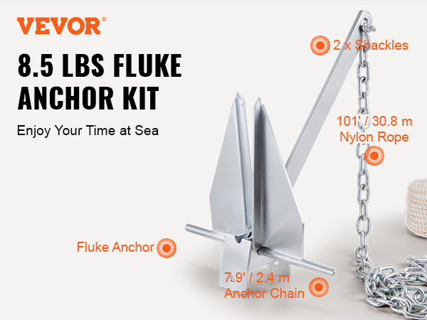VEVOR 8.5lb Fluke Anchor Kit - Hot-Dipped Galvanized Steel For Small Boats 15-18ft