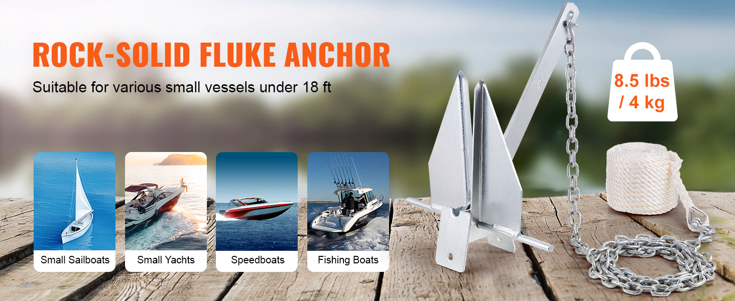 VEVOR VEVOR Kit de anclaje para barcos Ancla estilo Fluke de 8.5