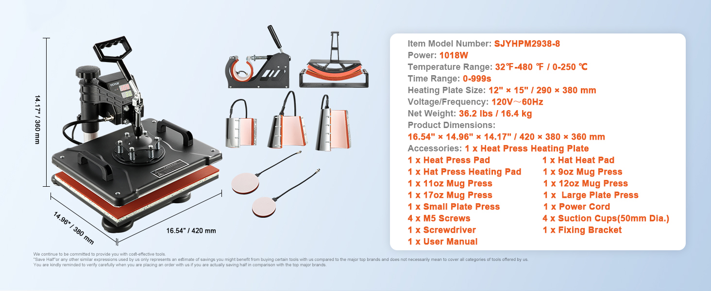 VEVOR heat press kit with multiple accessories and specifications.