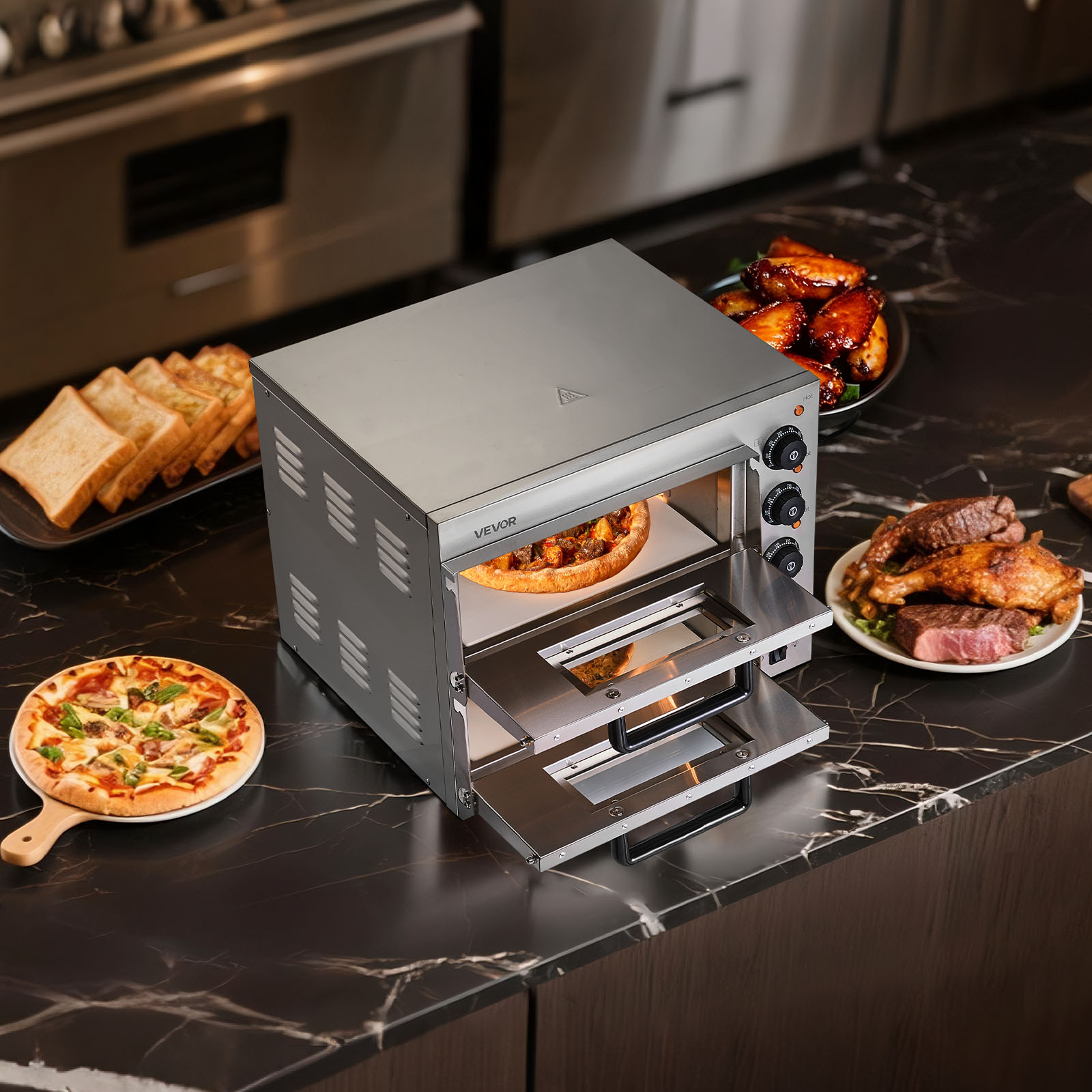 Professional Doppel Pizzaofen 3000W - Edelstahl Pizzabackofen Bis 350°C