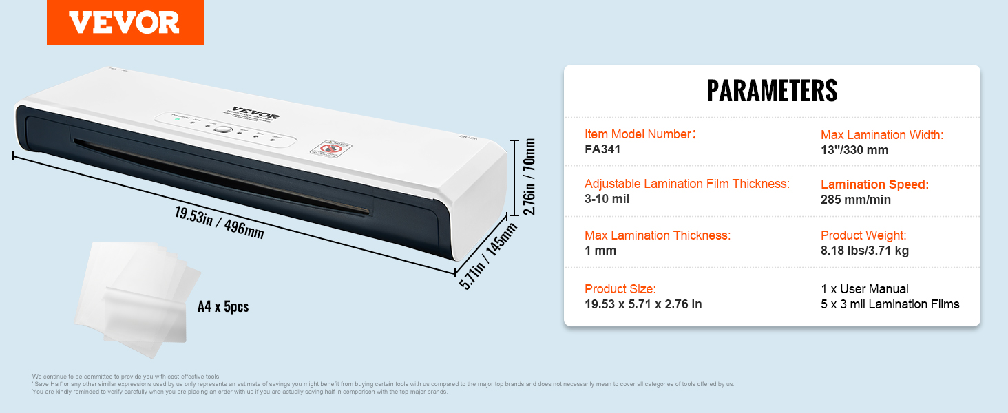 Laminátor VEVOR, 13palcový laminovací stroj, 4 válce horký a studený termální laminátor, rychlé zahřátí, rychlý laminovací stroj s 3 mil. laminovací fólií pro domácnost, kancelář, školu