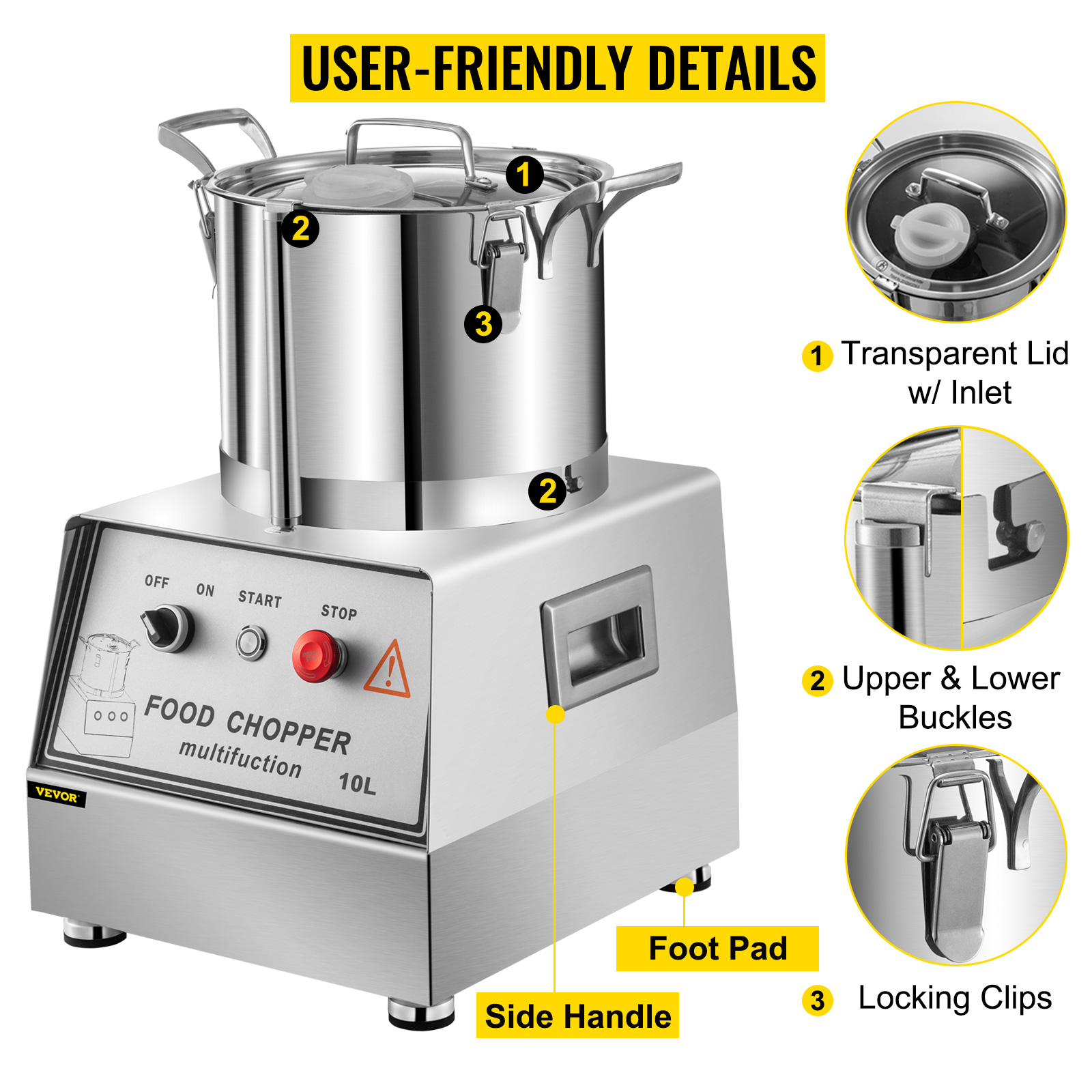 VEVOR 110V Commercial Food Processor 10L Capacity 1100W Electric Food Cutter  1400RPM Stainless Steel Food Processor Perfect for Vegetable Fruits Grains  Peanut Ginger Garlic