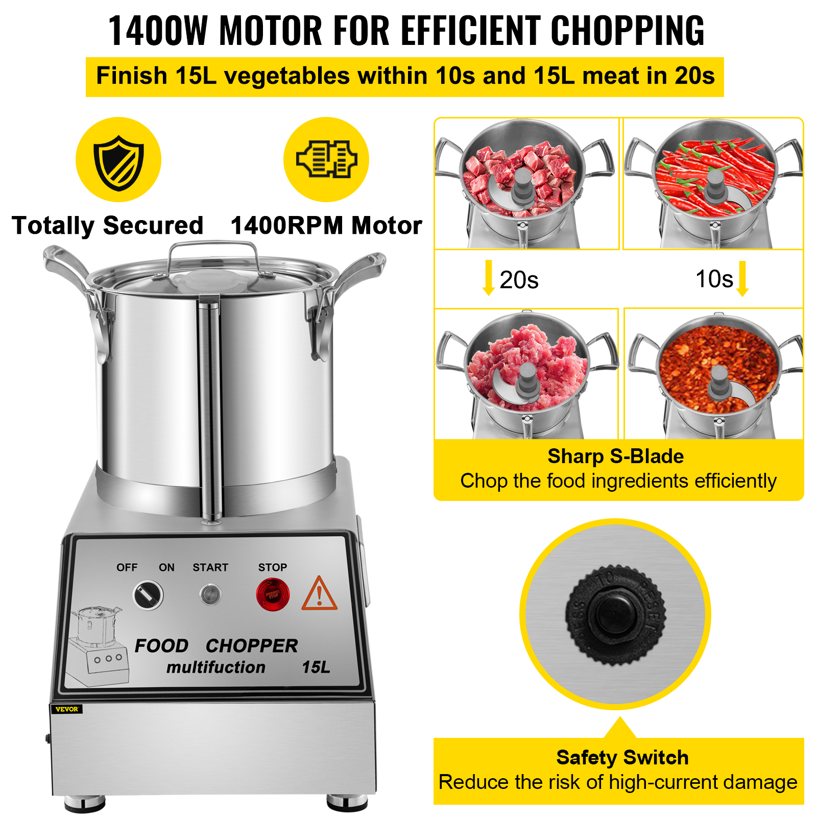 Techtongda 15L Electric Commercial Food Processor Chopper Grinder